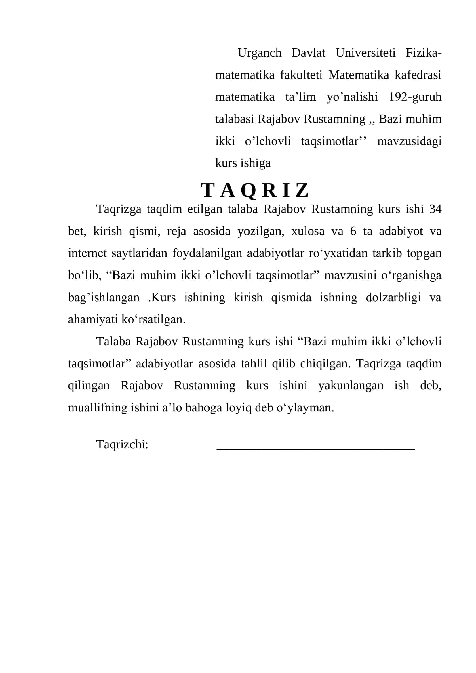Bazi muhim ikki o'lchovli taqsimotlar 3