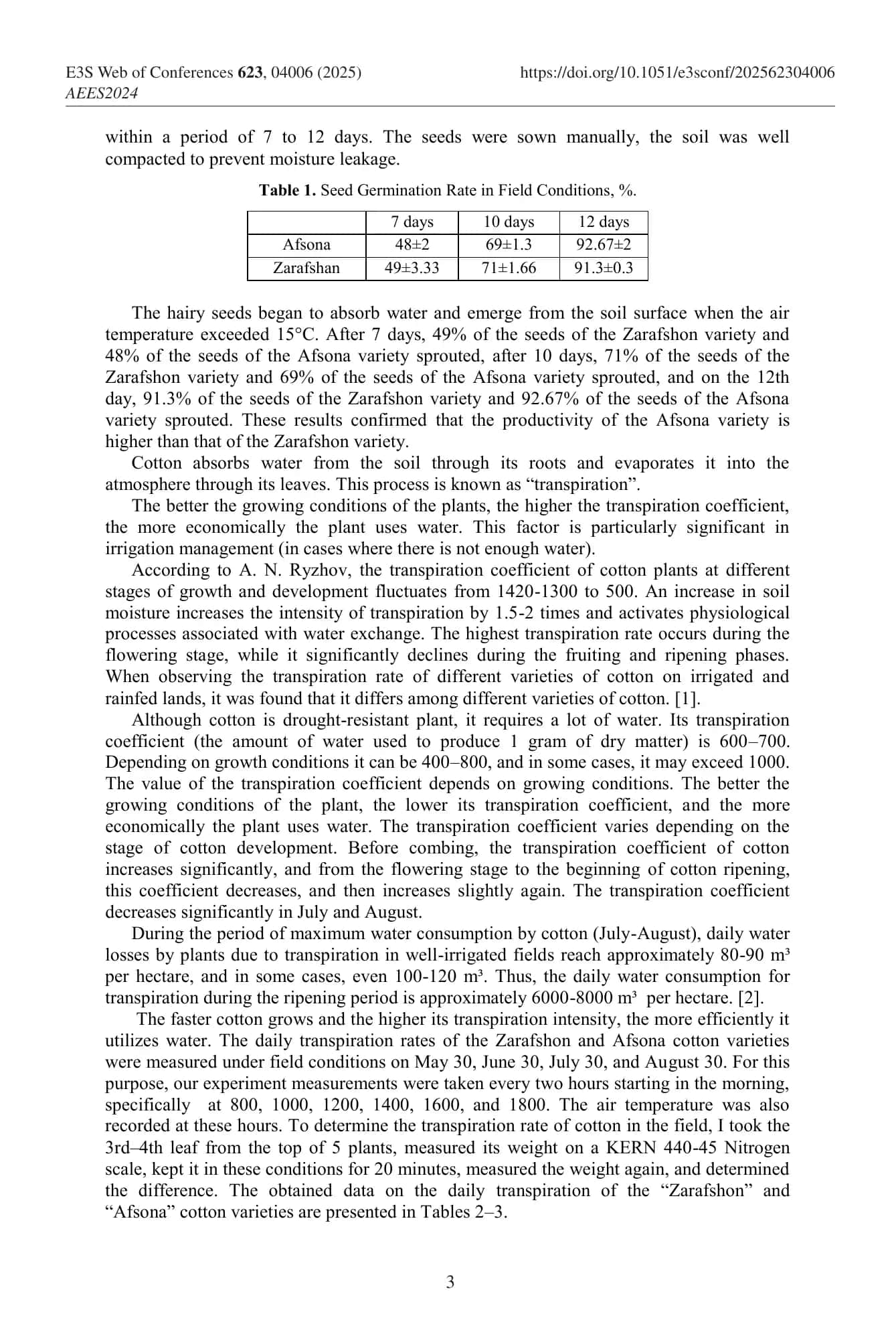 Germination and Transpiration Intensity of Cotton Varieties 3