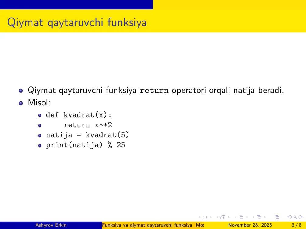 Funksiya va qiymat qaytaruvchi funksiya 3