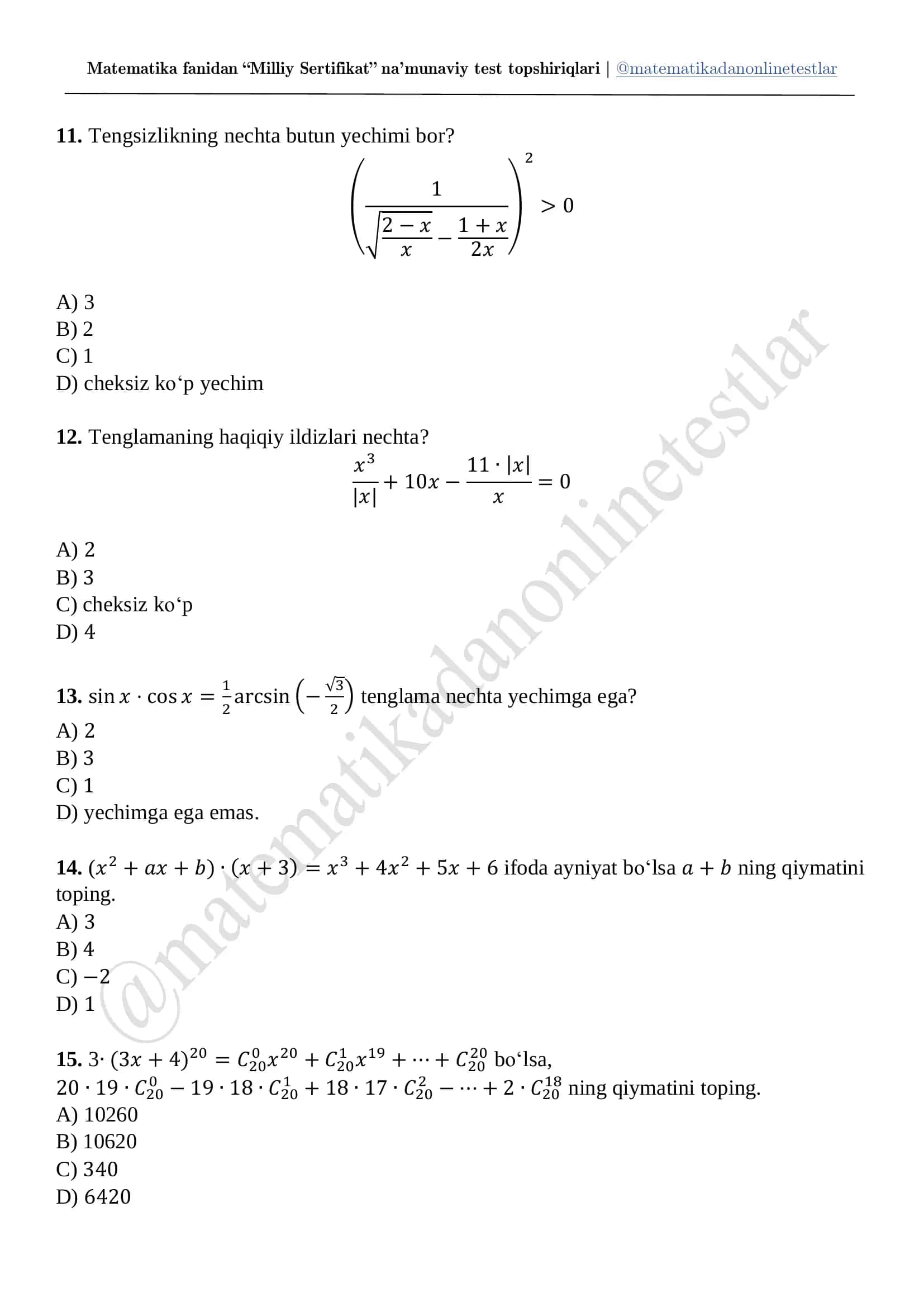 Matematika fanidan “Milliy Sertifikat” na’munaviy test topshiriqlari 3