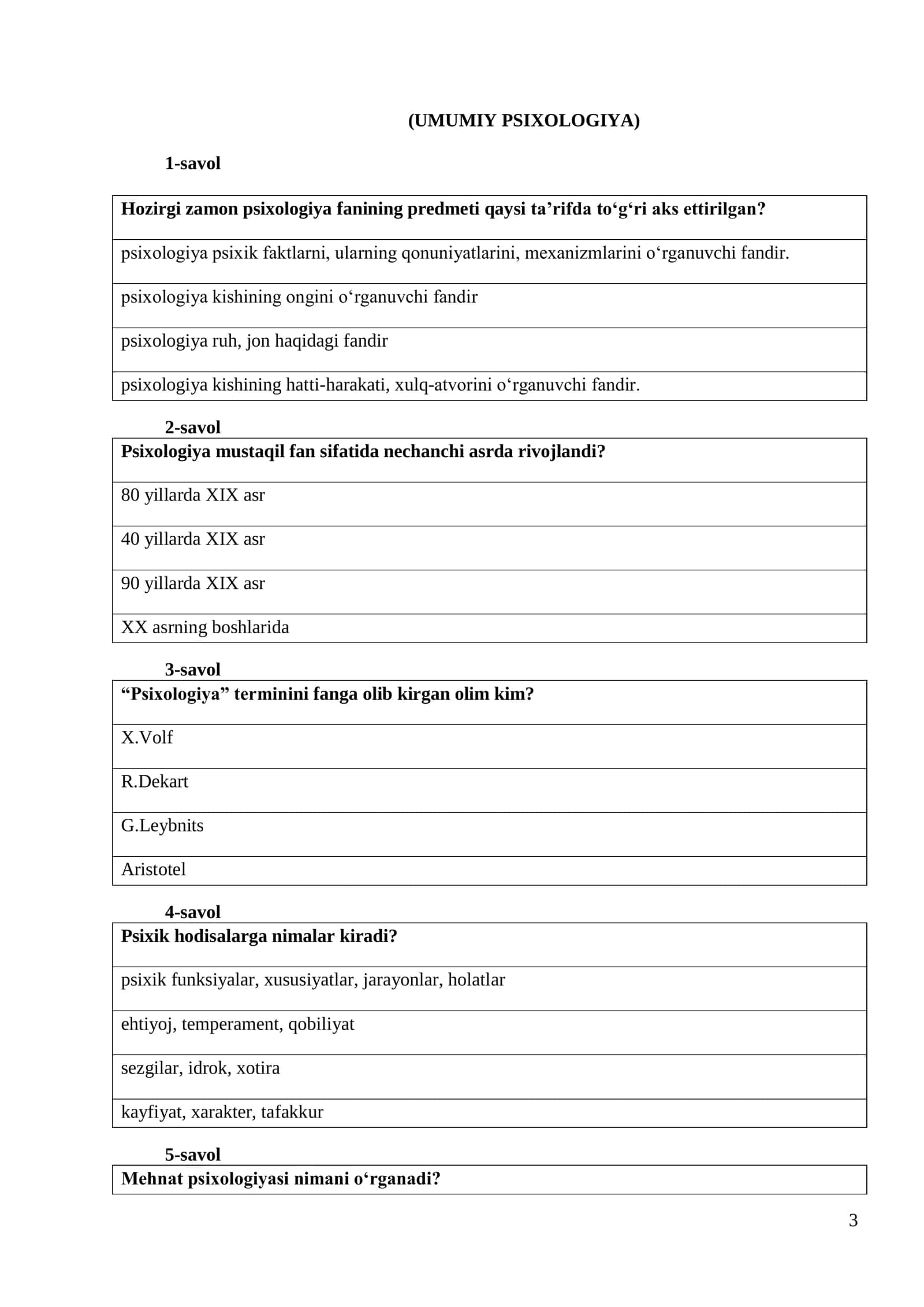 HMQA UMUMIY PSIXOLOGIYA TEST SAVOLLARI 3