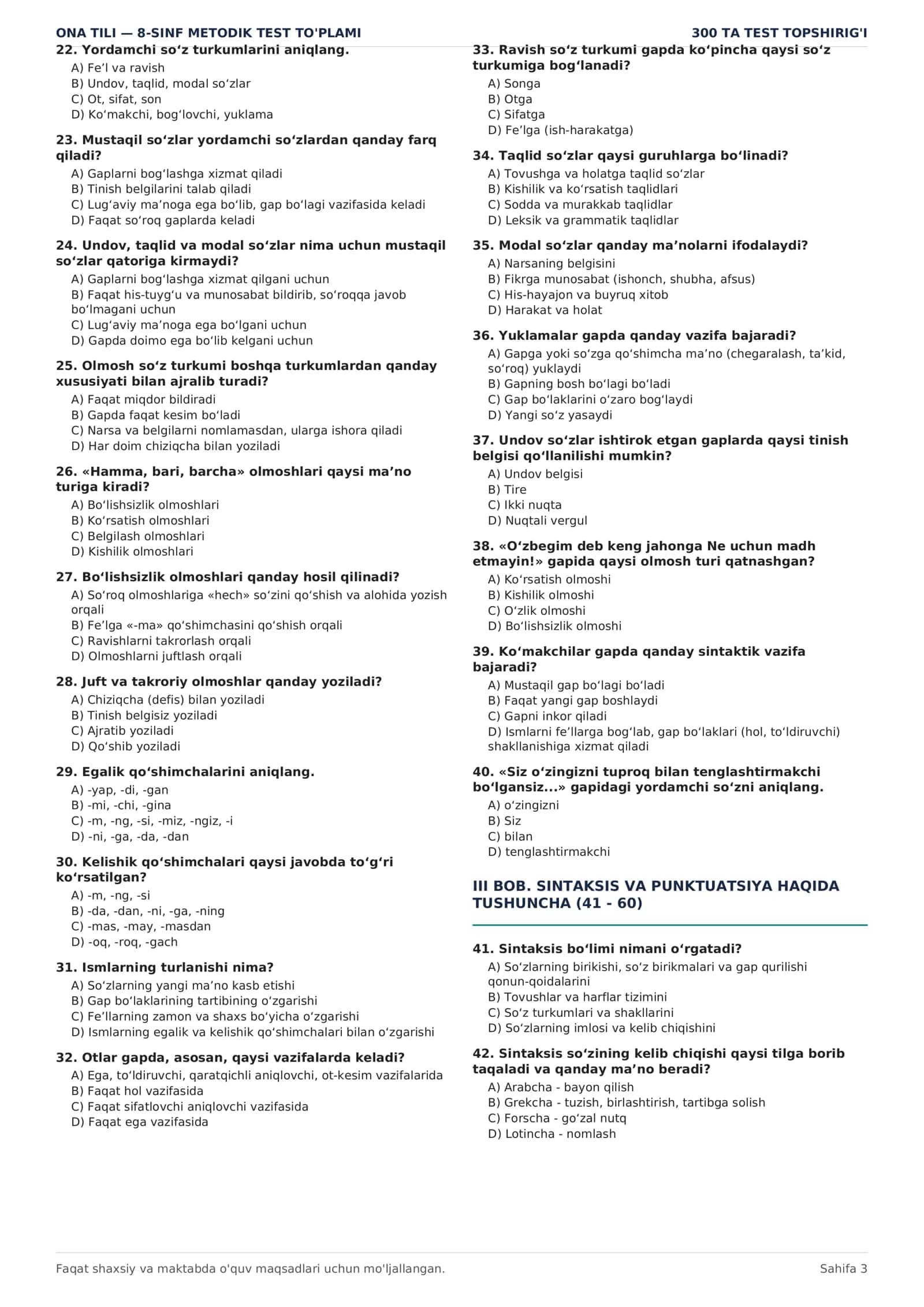 8-SINF ONA TILI | 300 TA MAVZULASHTIRILGAN TEST + JAVOBLAR KALITI | PDF 3