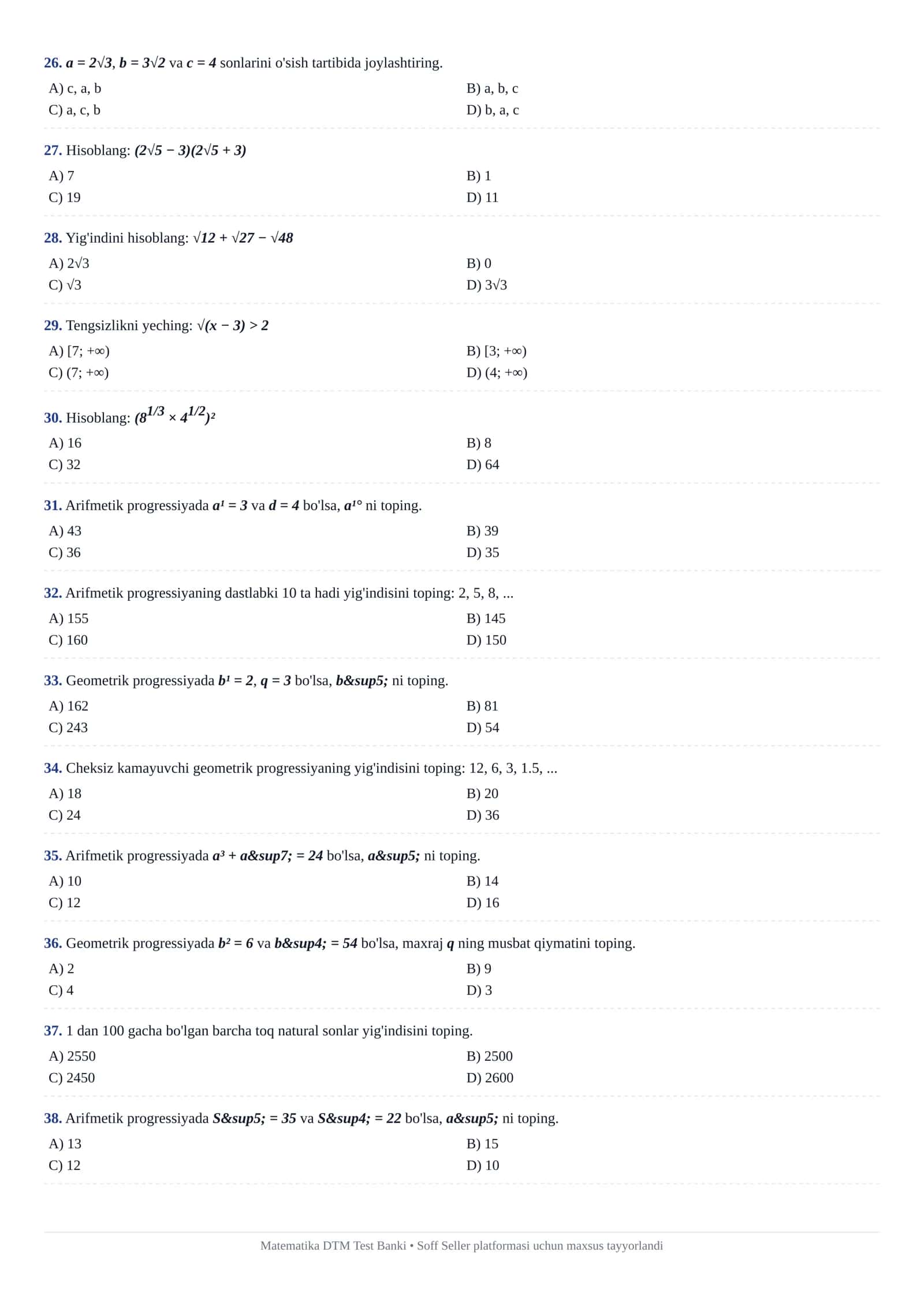 MATEMATIKA — DTM STANDARTIDAGI TESTlar 3