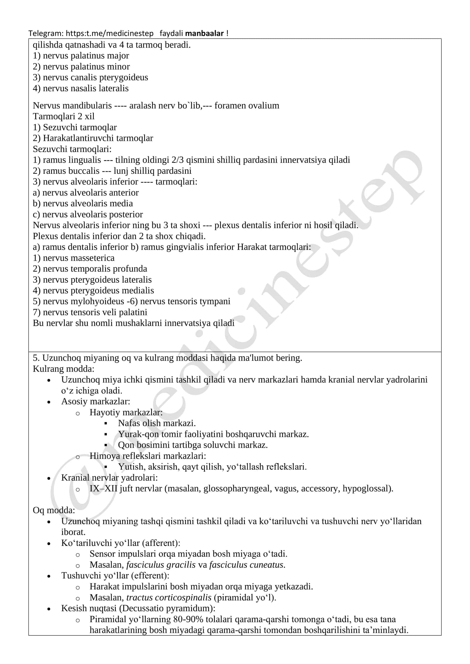 Odam anatomiyasi fanidan 2-kurs davolash ishi yo'nalishi talabalari uchun namunaviy oraliq nazorat savollari 3