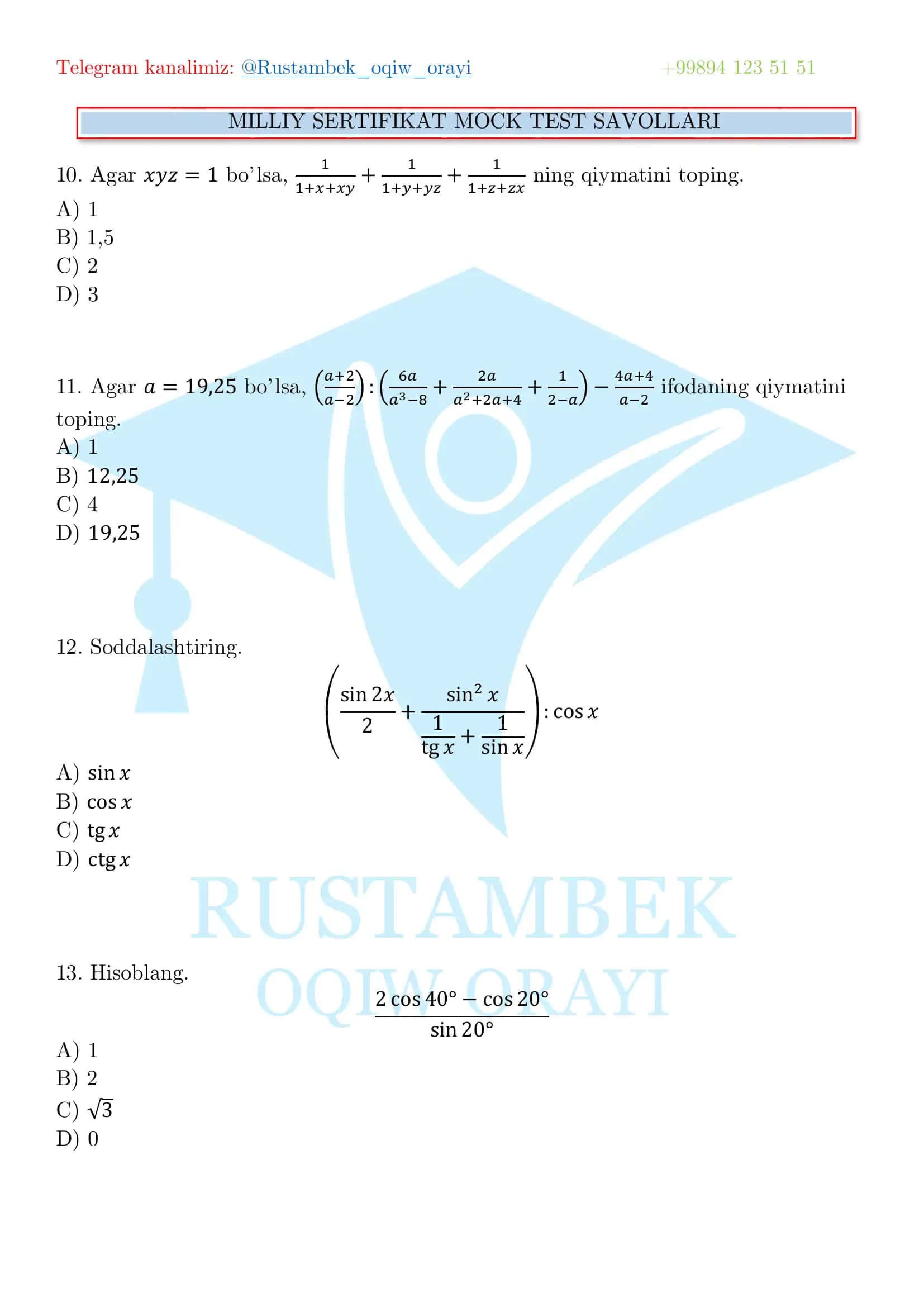 MILLIY SERTIFIKAT MOCK TEST SAVOLLARI 3