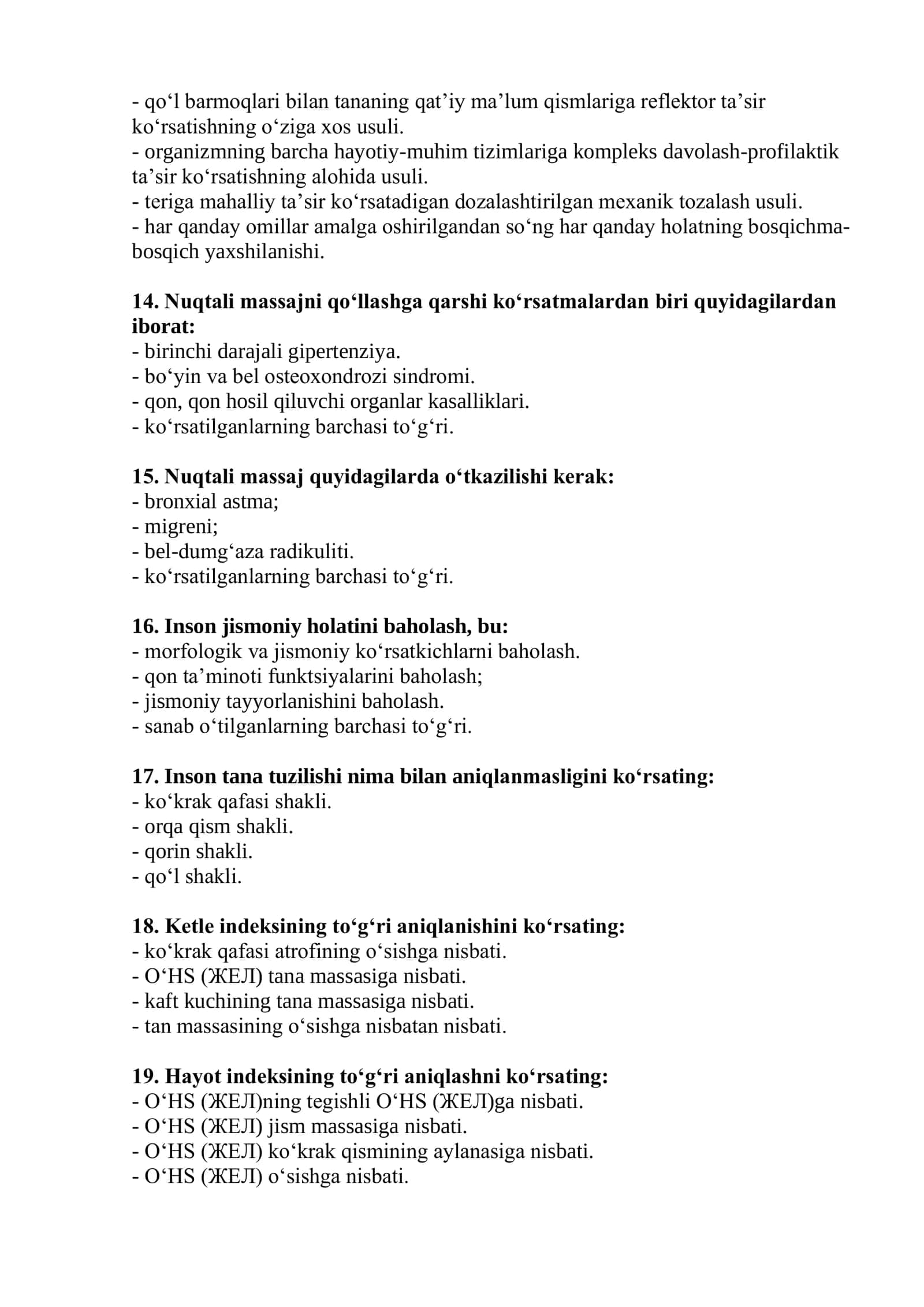 Xalq tabobati mutaxassisligi bo'yicha shakllantirilgan test savollari ro'yxati 3