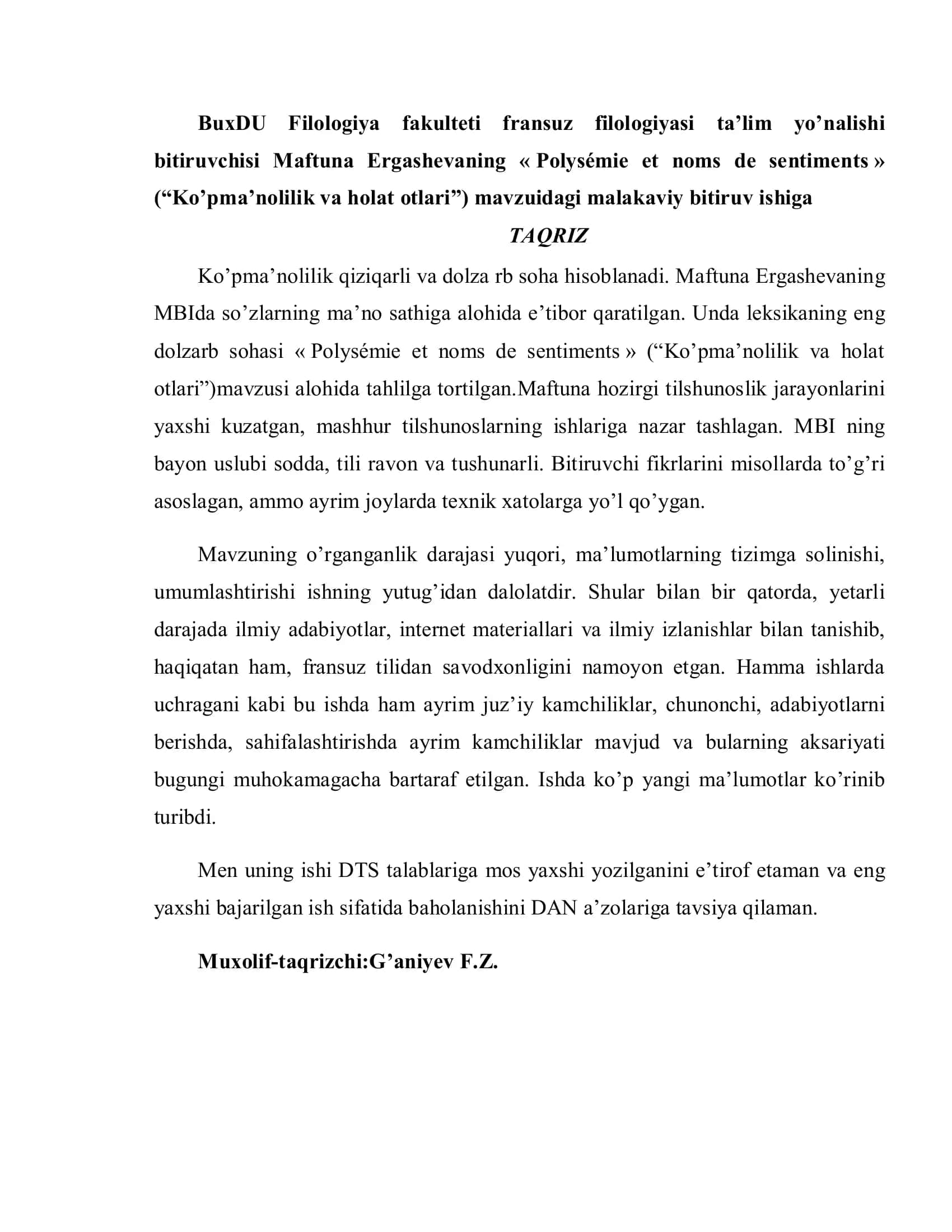 Maftuna Ergashevaning Polysémie et noms de sentiments 3