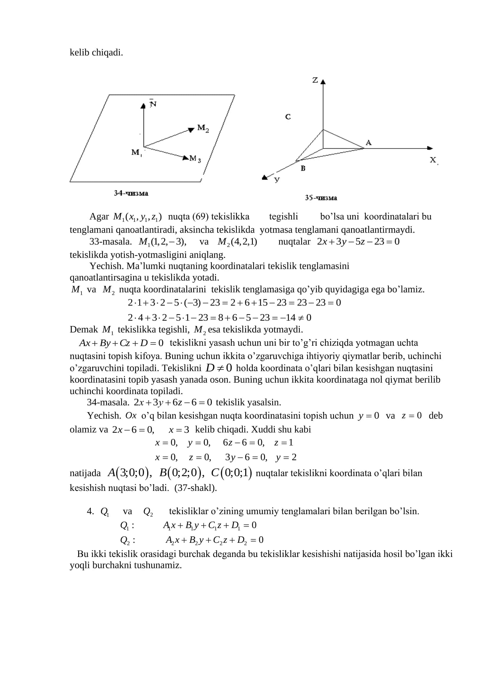 Fazoda tekislik va uning tenglamalari. Tekisliklarning o’zaro joylashuvi. Nuqtadan tekislikkacha bo’lgan masofa. 3