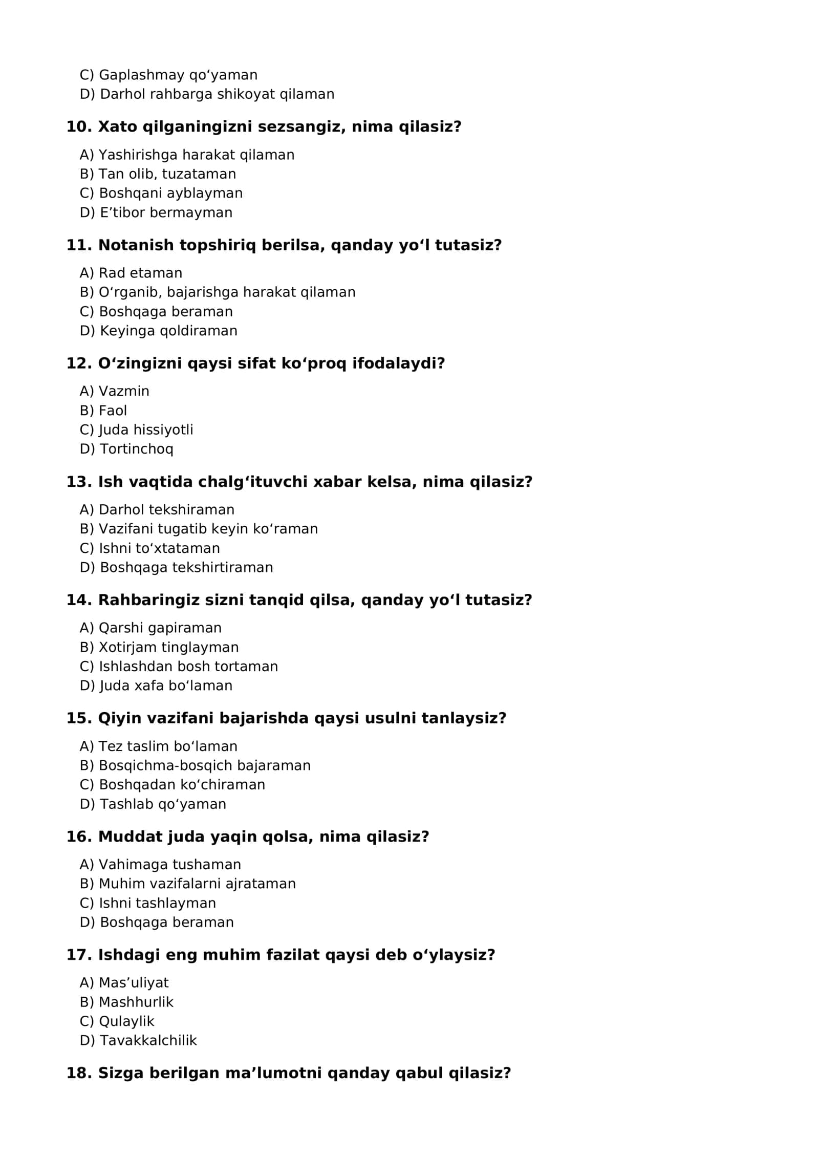 Bojxona psixologik test savollari — 100 ta 3