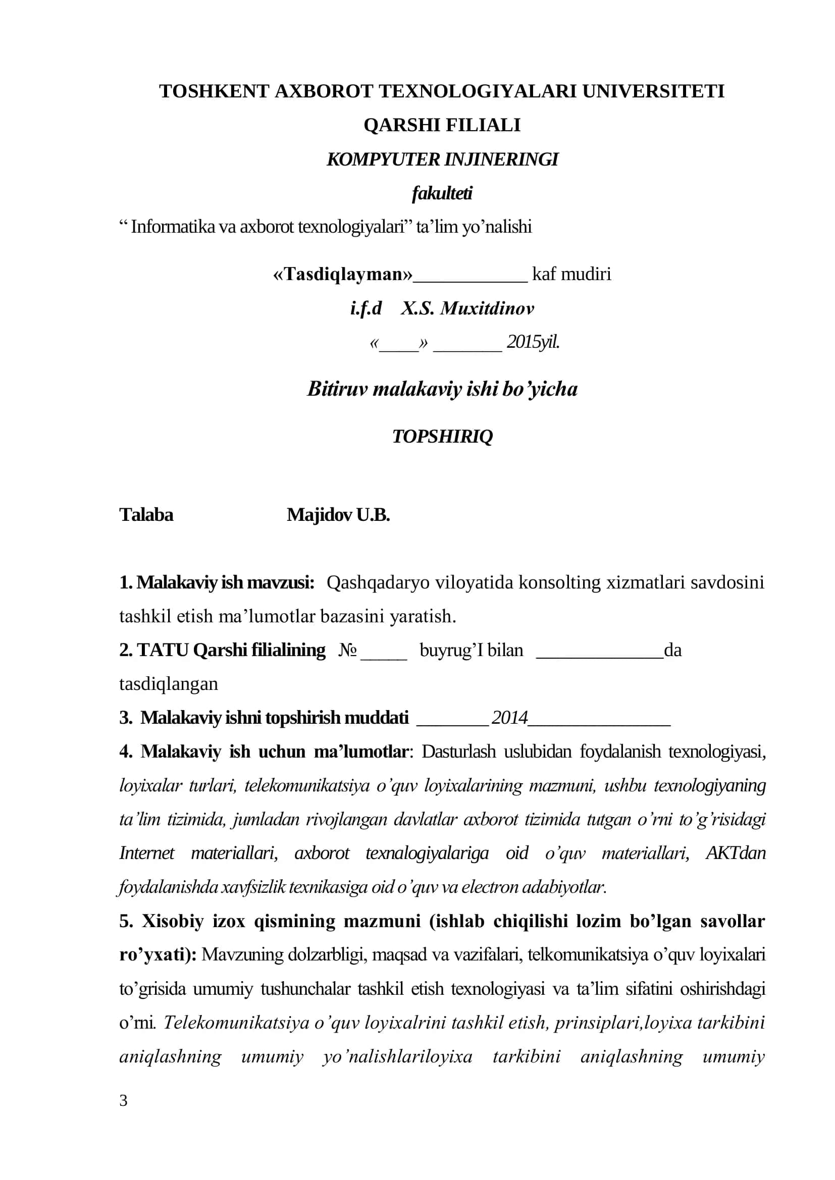 "Konsalting xizmatlar marketingi savdosini tashkil etish ma’lumotlar bazasini yaratish" 3