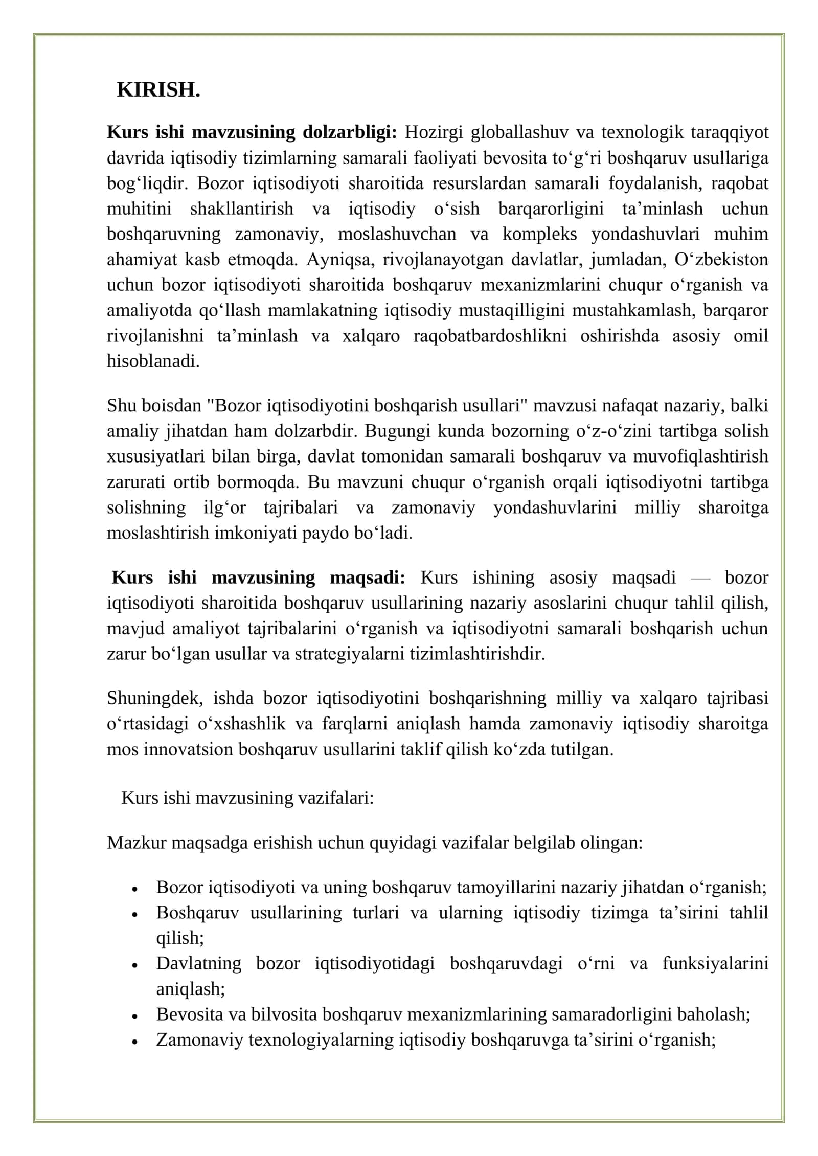Bozor iqtisodiyotini boshqarish usullariKURS ISHI 3