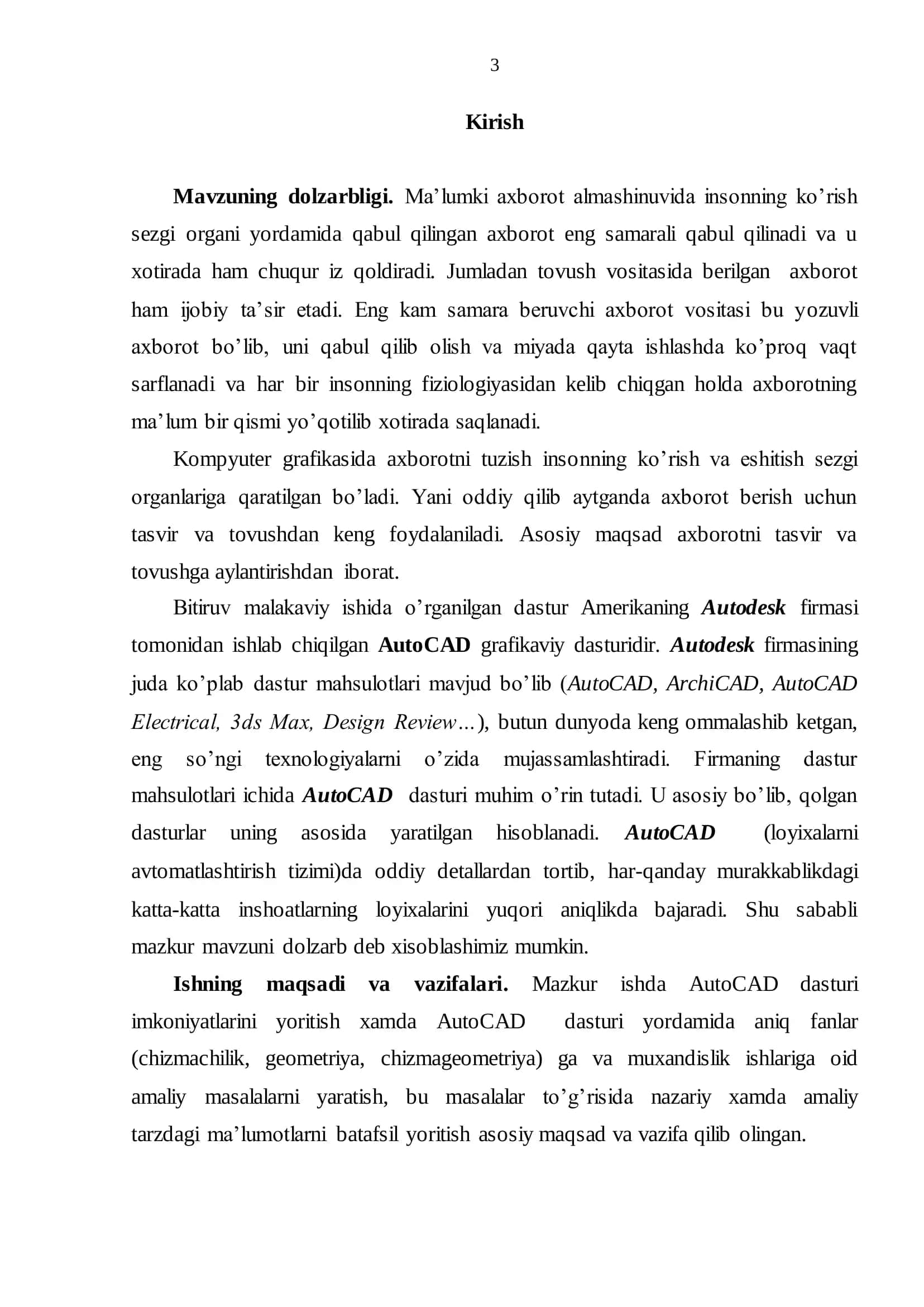 O‘ZBEKISTON RESPUBLIKASI OLIY VA O’RTA MAXSUS TA’LIM VAZIRLIGI GULISTON DAVLAT UNIVERSITETI AMALIY MATEMATIKA VA INFORMATIKA KAFEDRASI Sultonov Sarvarning 5480100 – “Amaliy matematika va informatika” ta’lim yo’nalishi bo’yicha bakalavr darajasini olish uchun “Amaliy masalalarni echishda Auto CAD dasturi imkoniyatlaridan foydalanish” mavzusidagi 3