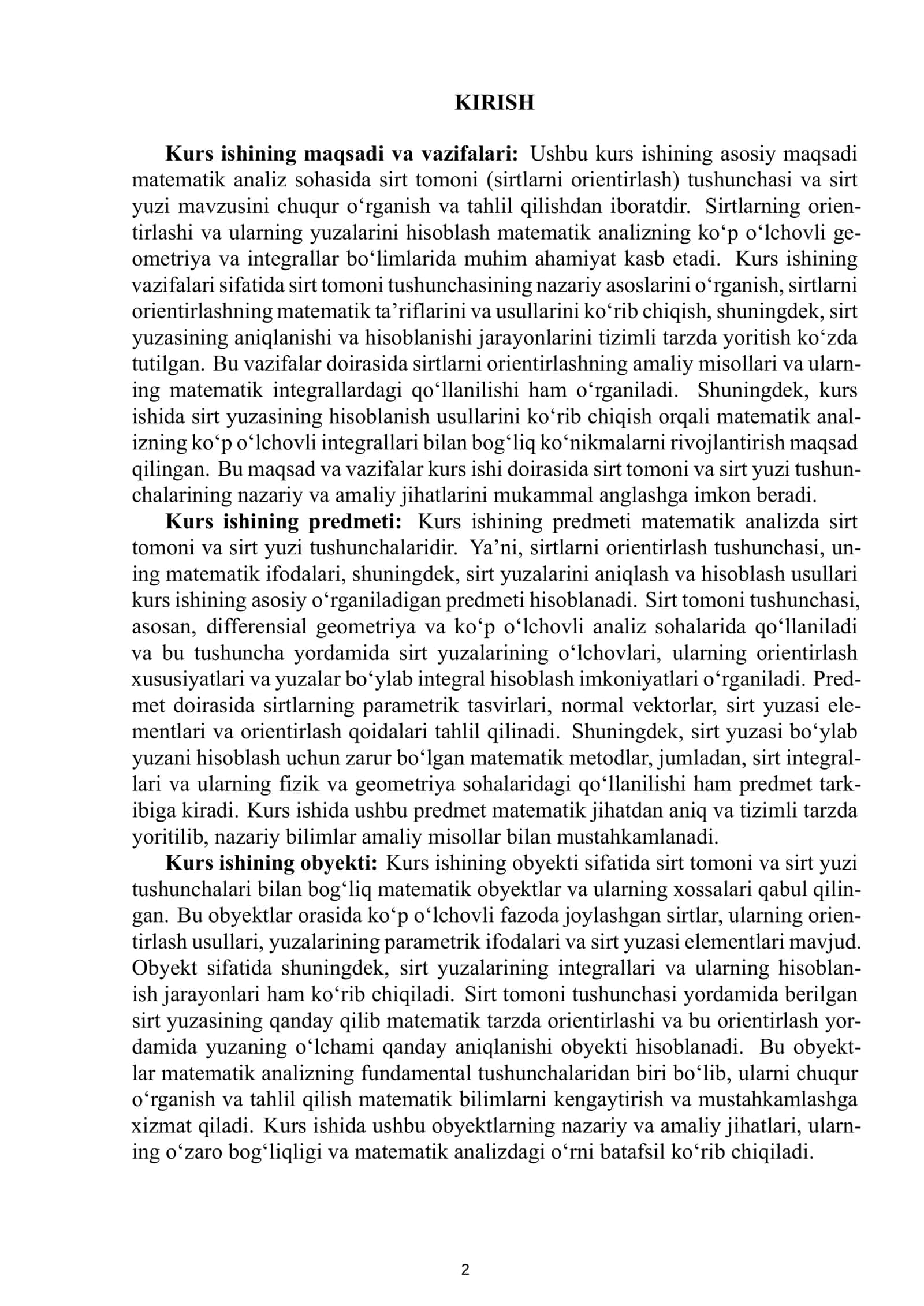 Sirt tomoni (sirtlarni orientirlash) tushunchasi va sirt yuzi KURS ISHI 3