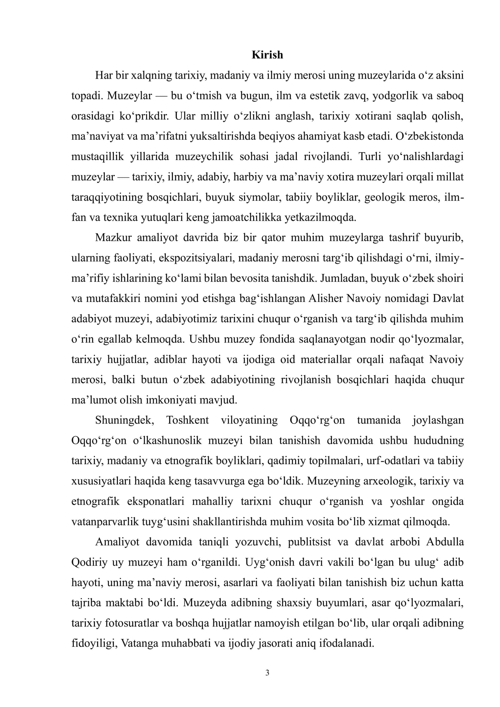 MUZEYSHUNOSLIK OʻQUV-TANISHUV AMALIYOTI HISOBOTI 3