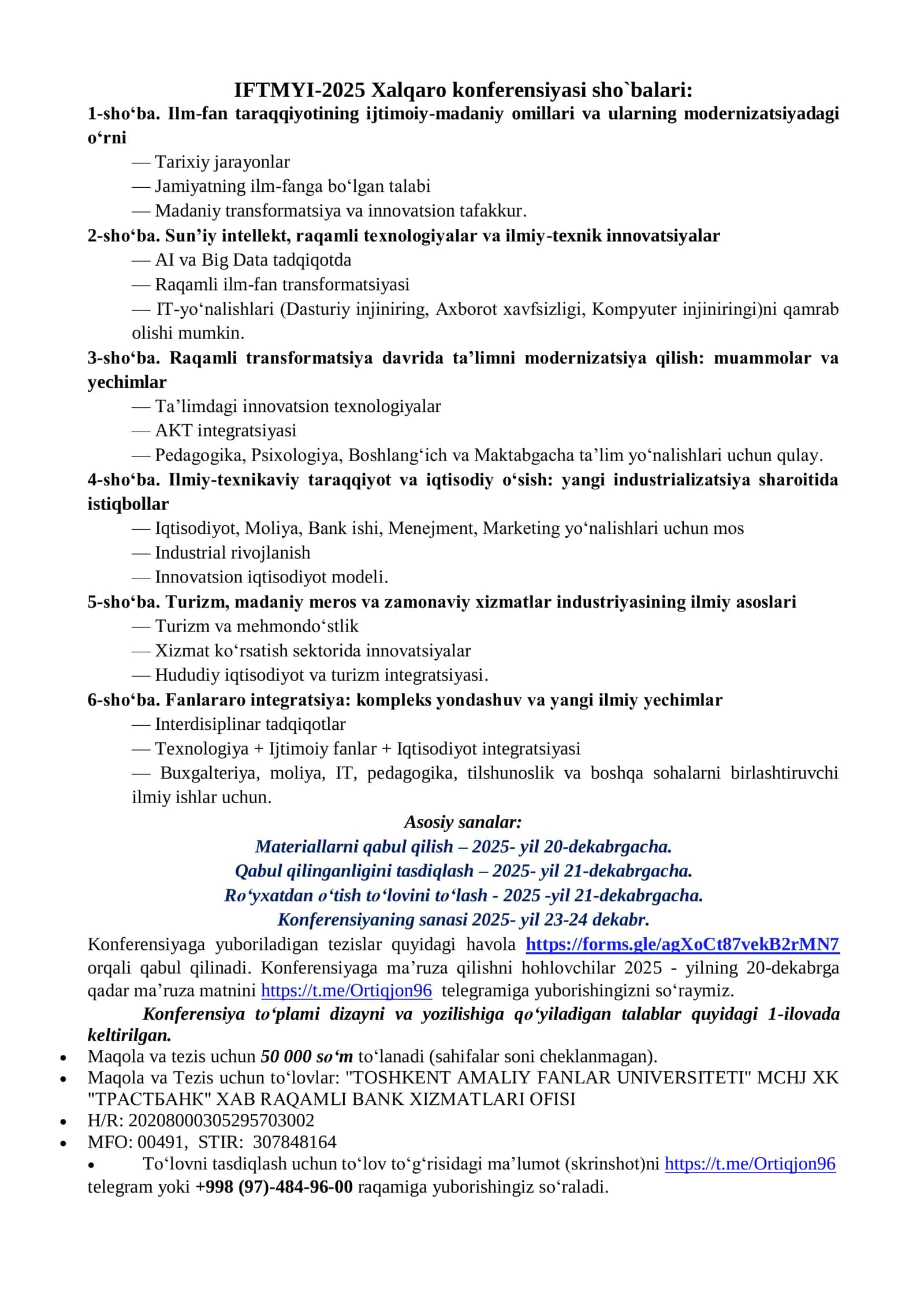 "Ilm-fan taraqqiyoti: muammo, yechim va istiqbollari" mavzusidagi III an’anaviy xalqaro ilmiy-amaliy konferensiya (IFTMYI-2025) 3
