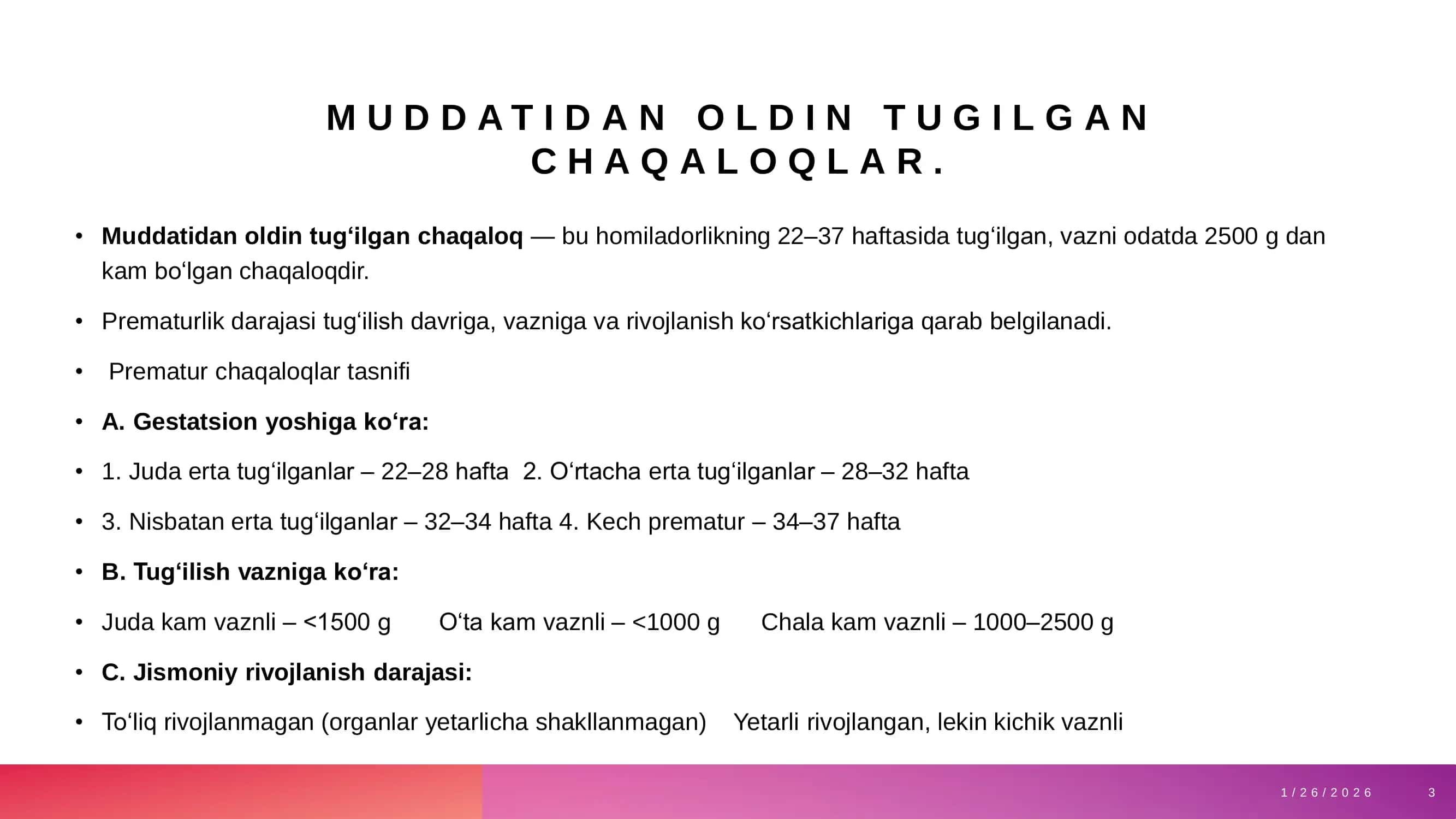 Prematur chaqaloqlar tasnifi 3