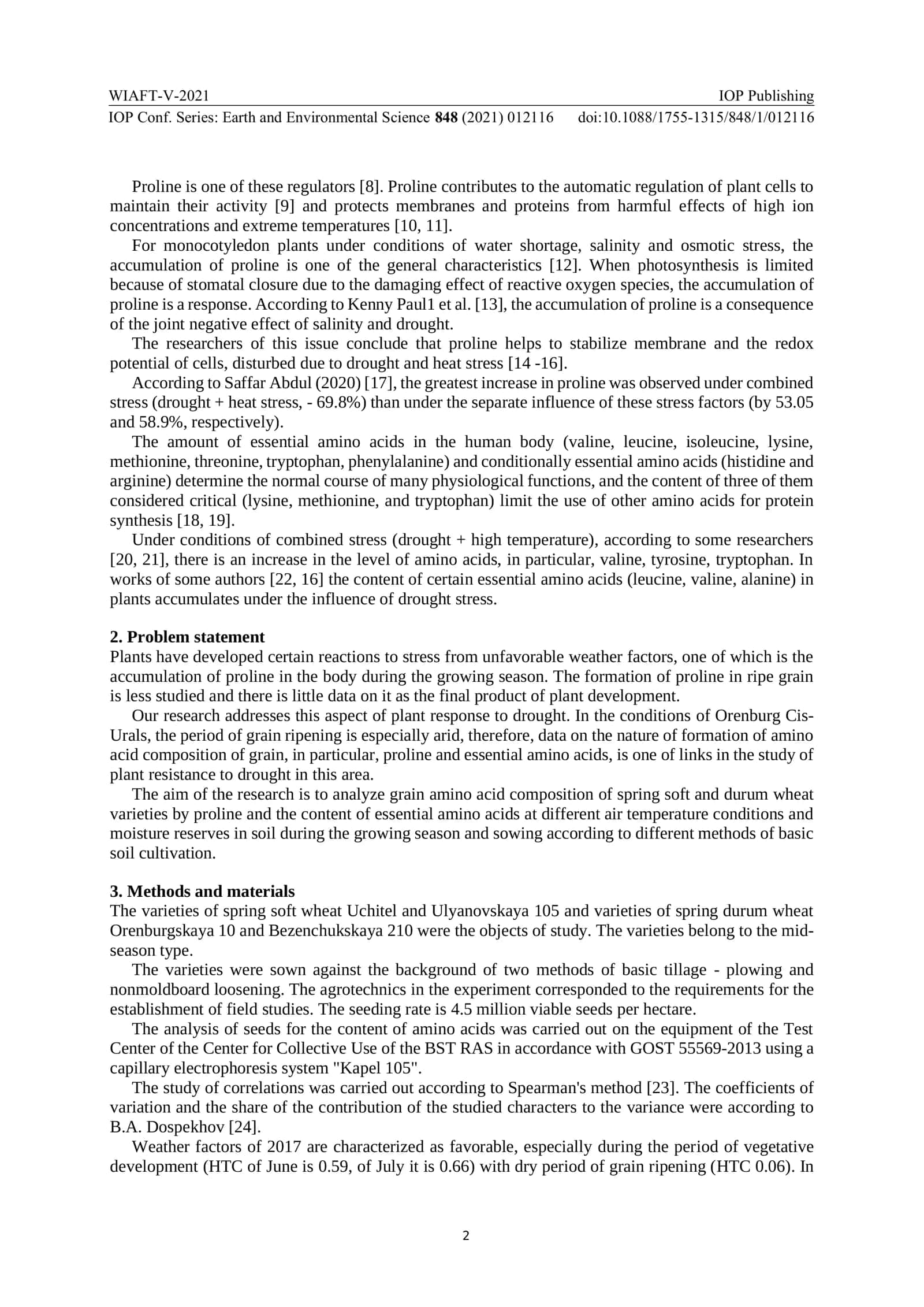 Content of prolin and essential amino acids in spring wheat grain in dry conditions 3