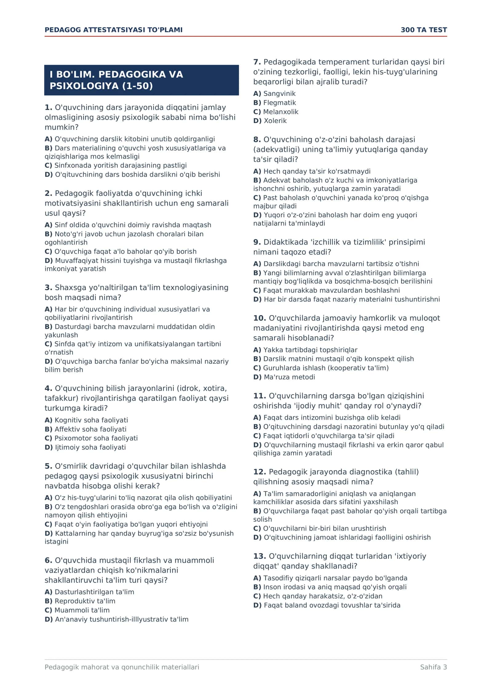 Pedagog attestatsiyasi — 300 ta test savoli + javoblari 3