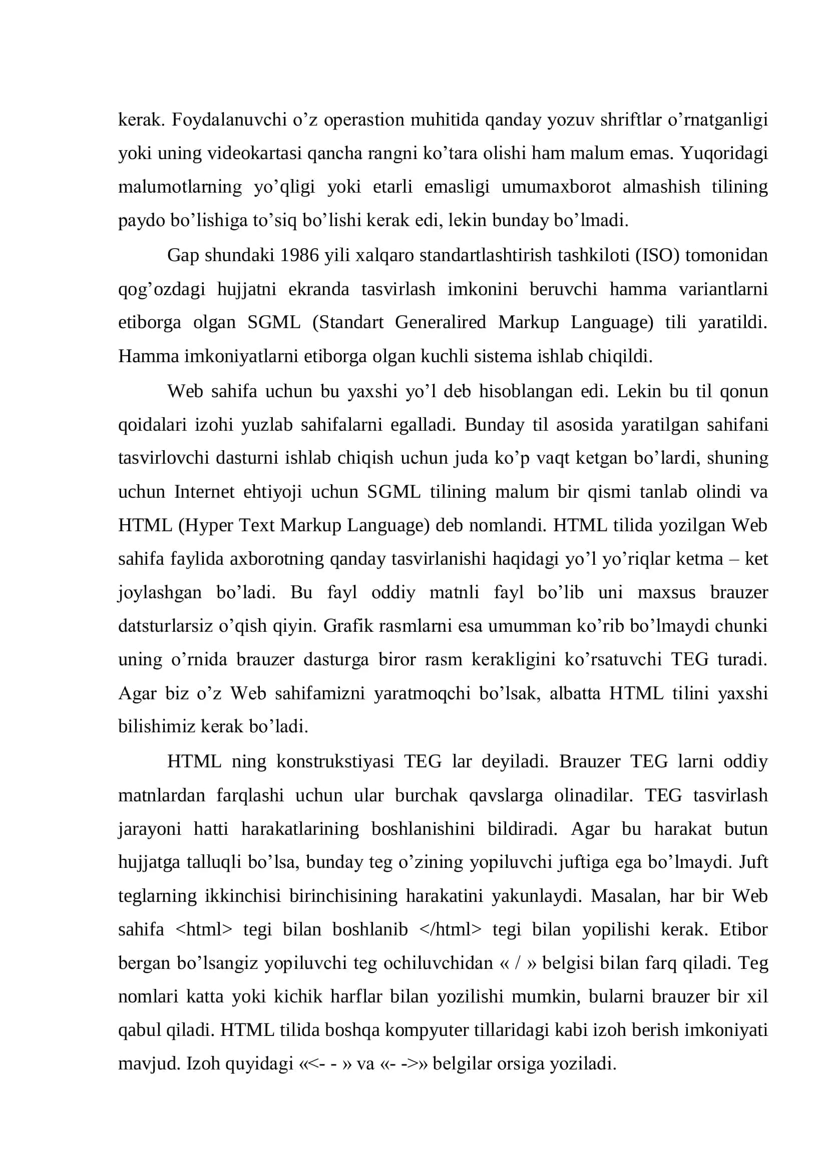 HTML hujjatining strukturasi va undagi mantnni formatlash teglari 3