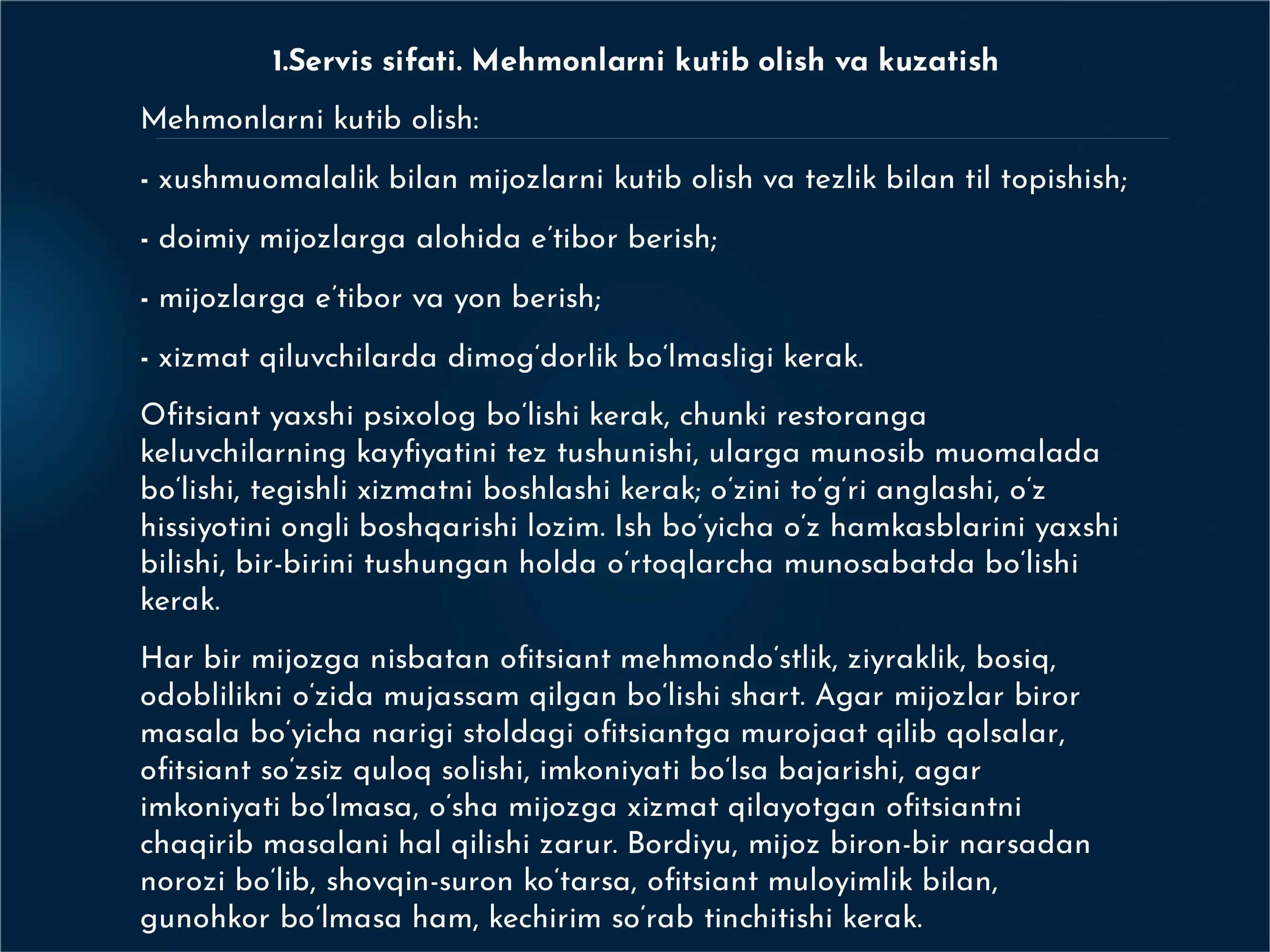 RESTORANLARDA MEHMONLAR ISHONCHI. BARLARDAGI SERVIS 3