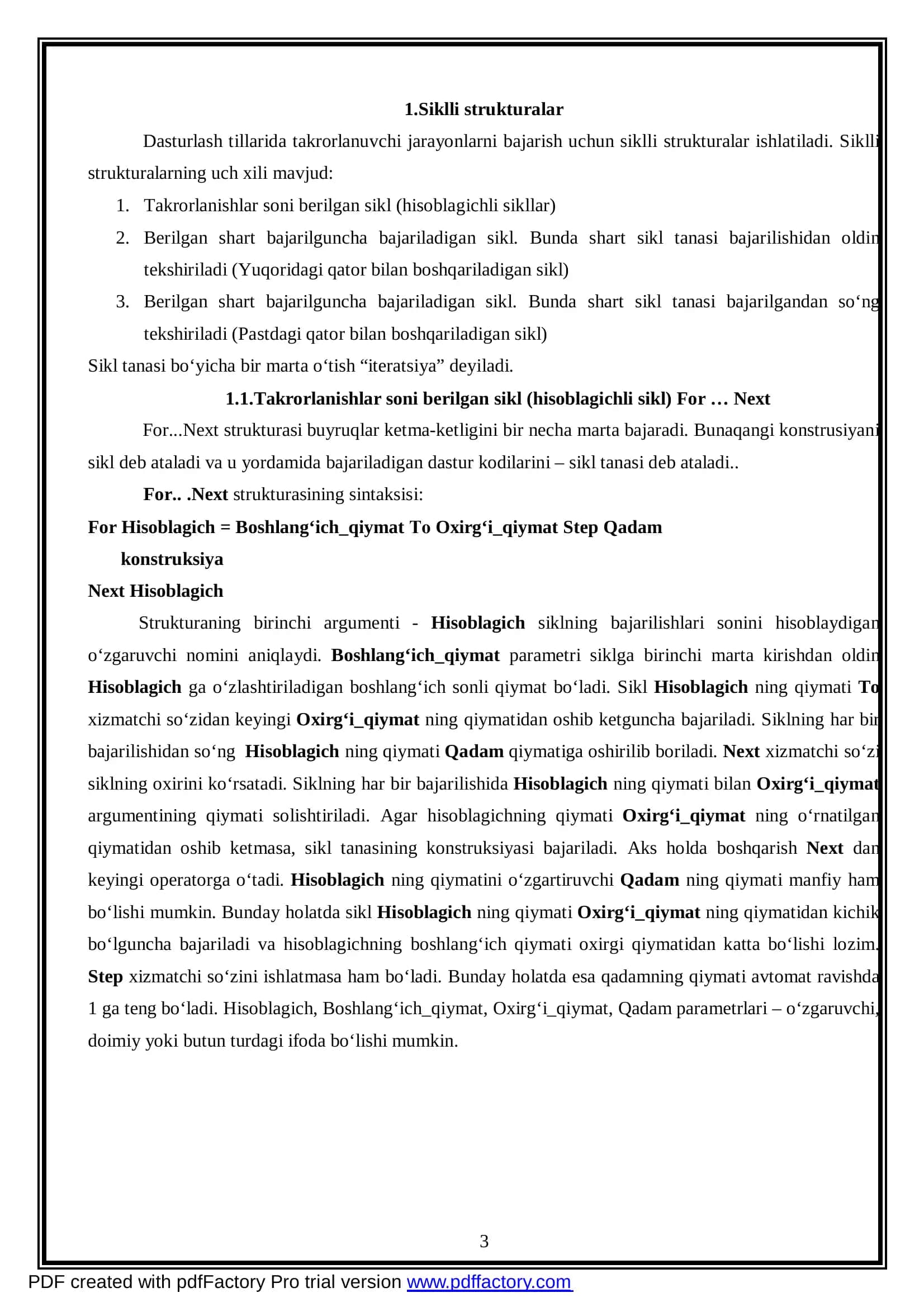 Vizual basic sikl operatorlari bilan ishlash 3