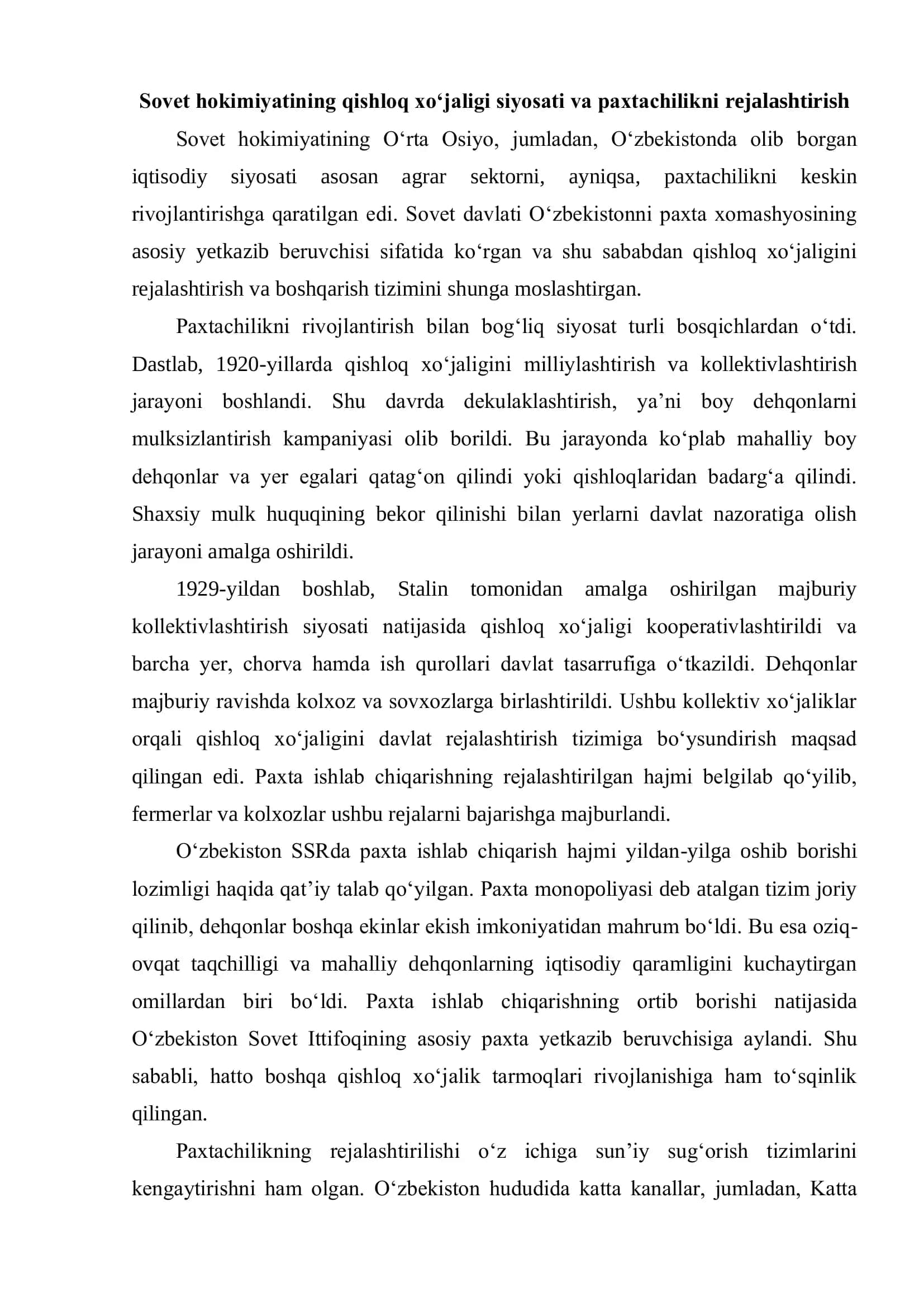Sovet hokimyati "Paxta Ishi"ga oid siyosati va uning oqibatlari 3
