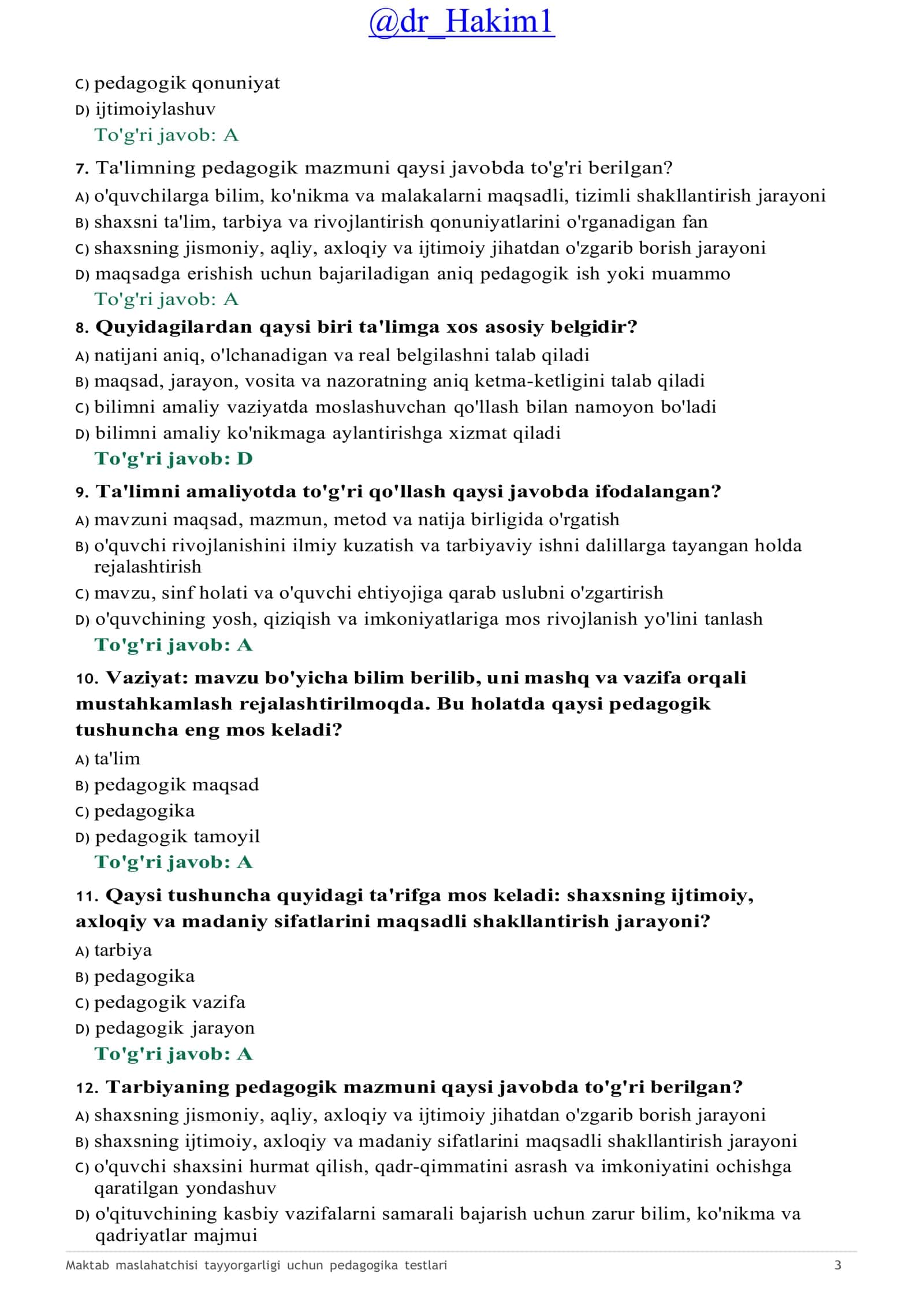 Maktab maslahatchisi tayyorgarligi uchun pedagogika testlari 3