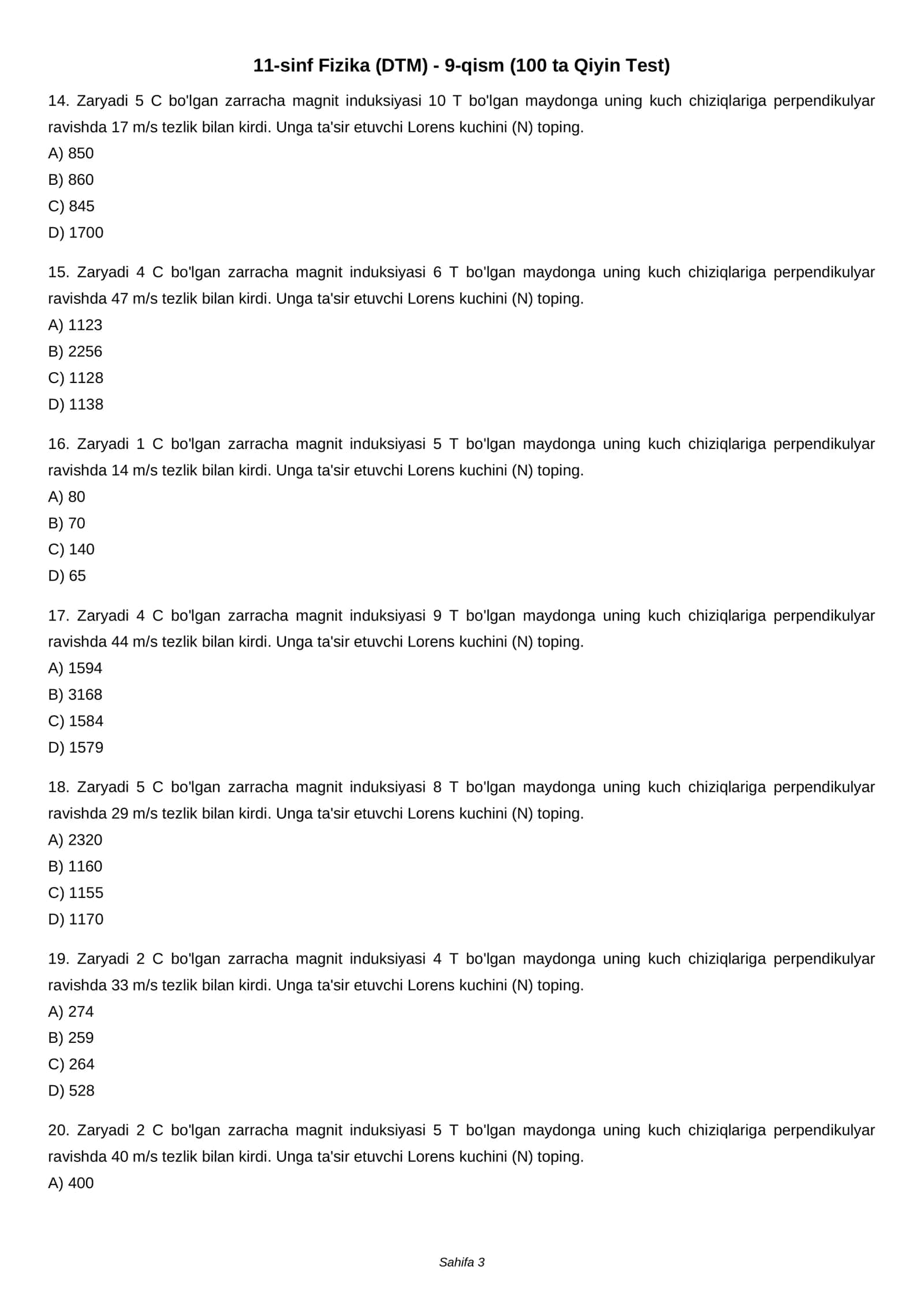 11-sinf Fizika (DTM) - 9-qism (100 ta Qiyin Test) 3
