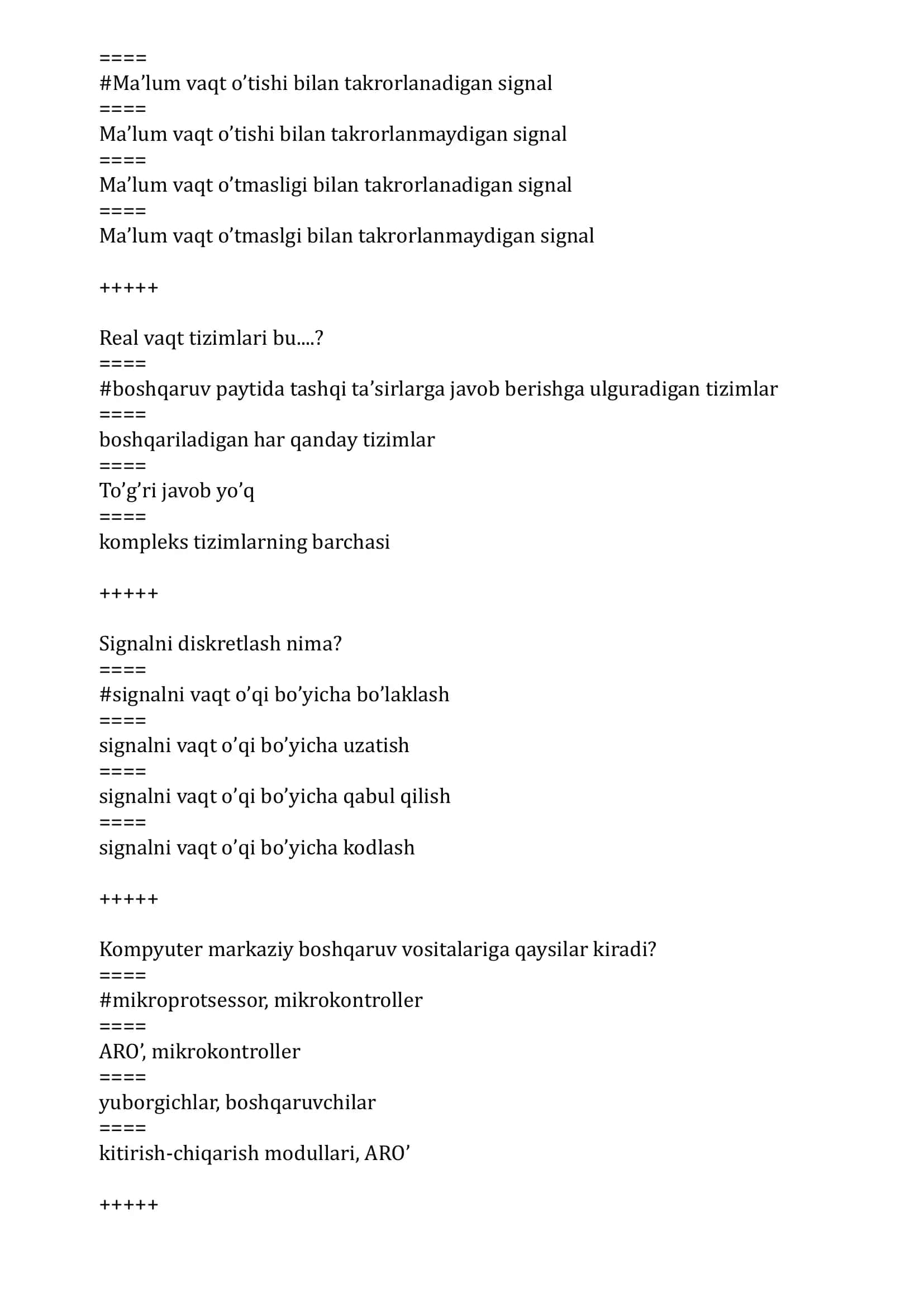 Signallarni qayta ishlash test savollari javoblari 3