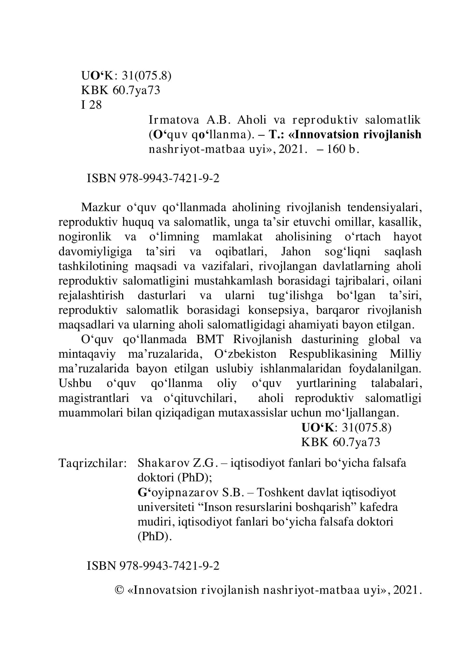 Irmatova A.B. Aholi va reproduktiv salomatlik 3