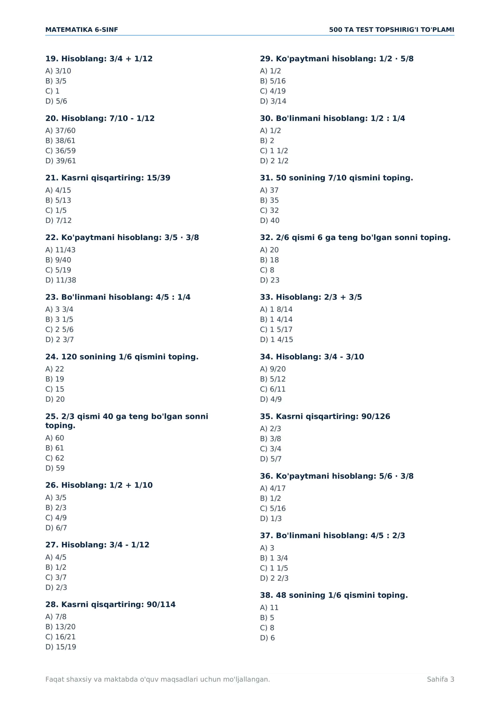 6-SINF MATEMATIKA | 500 TA TEST + TO‘LIQ JAVOBLAR | BILIMNI MUSTAHKAMLASH UCHUN PDF 3