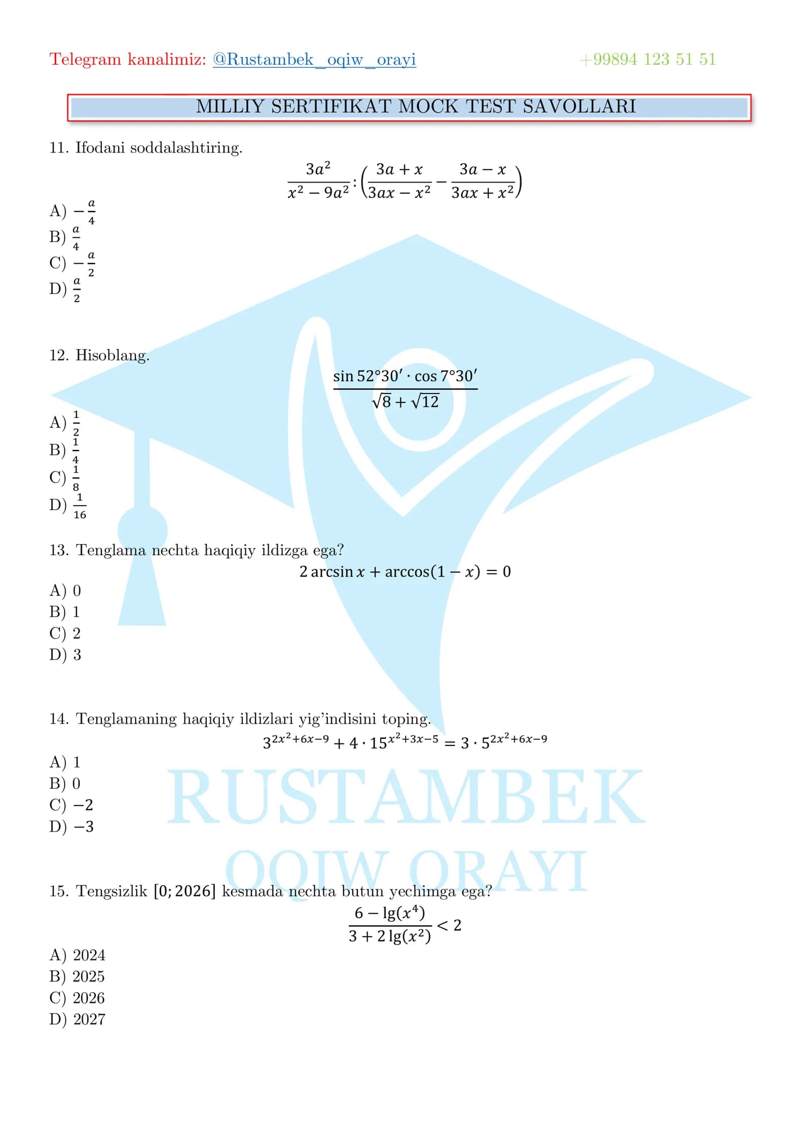 MILLIY SERTIFIKAT MOCK TEST SAVOLLARI 3