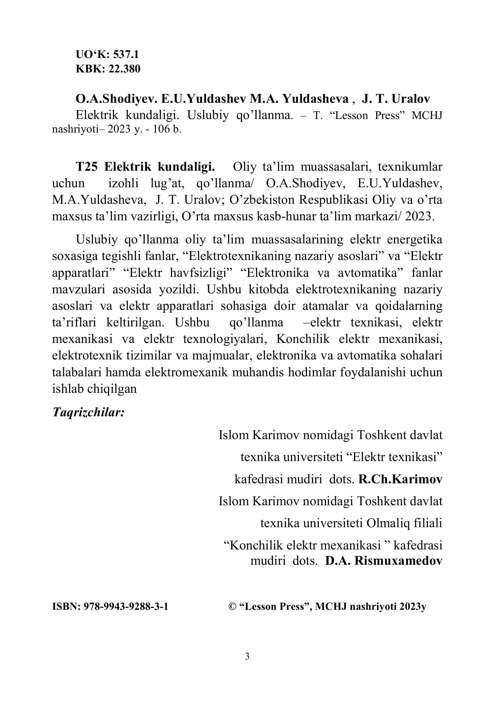 Elektrik kundaligi. Uslubiy qo’llanma 3