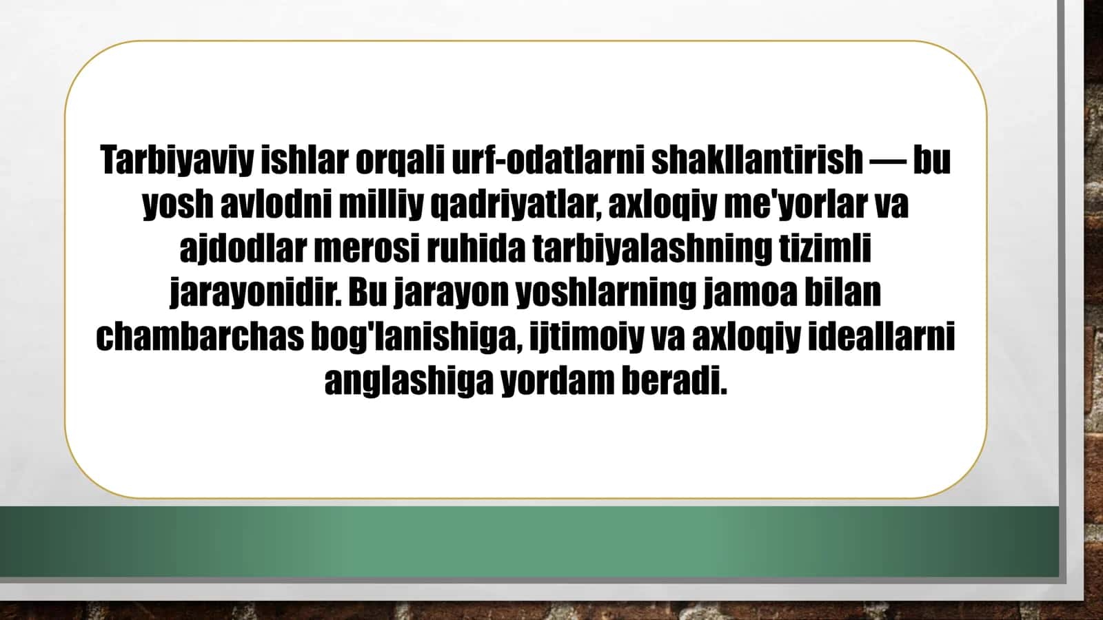 TARBIYAVIY ISHLAR ORQALI URF-ODATLARNI SHAKLLANTIRISH METODIKASI 3