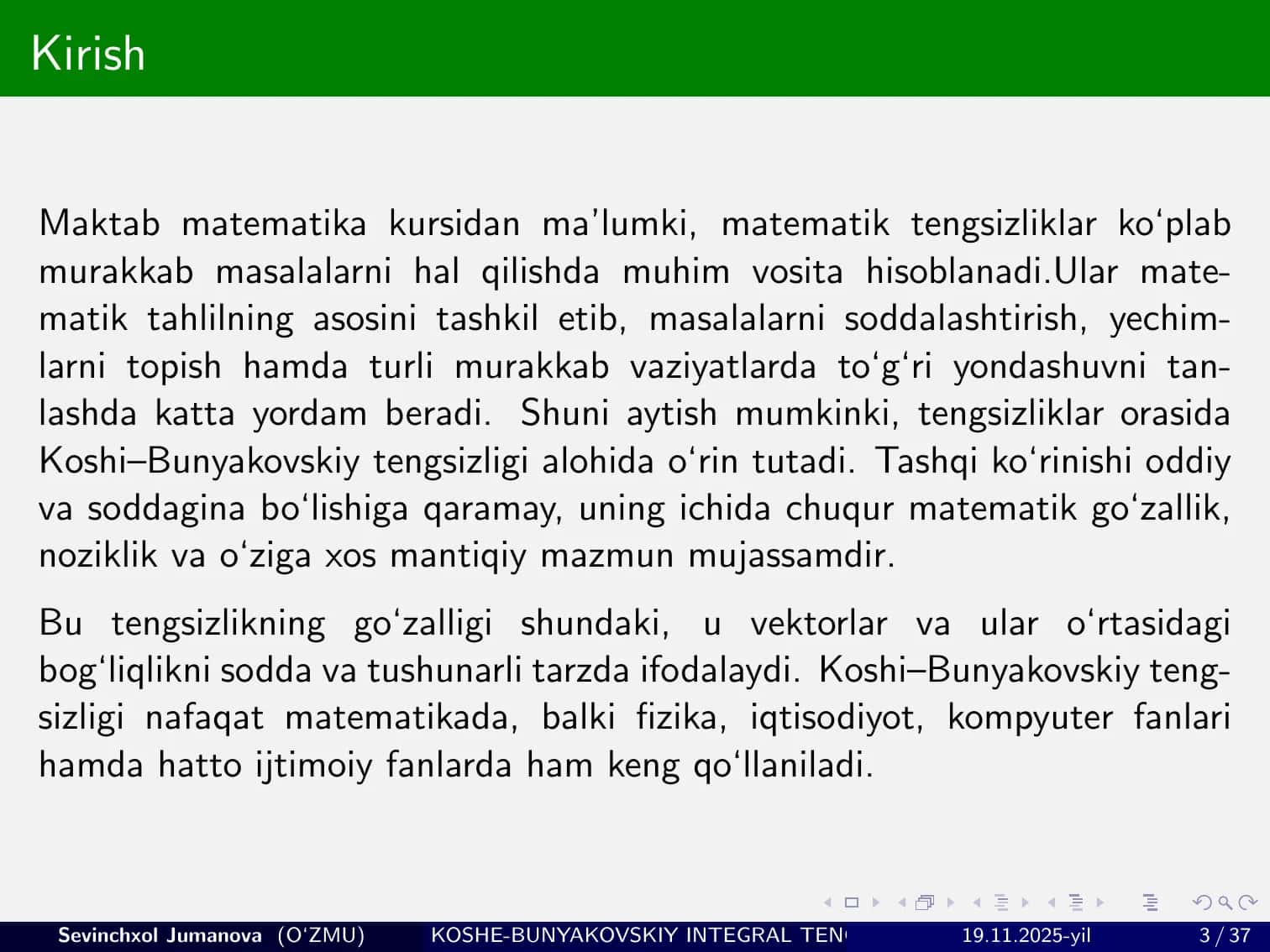 Koshi-Bunyakovskiy integral tengsizligi va 3