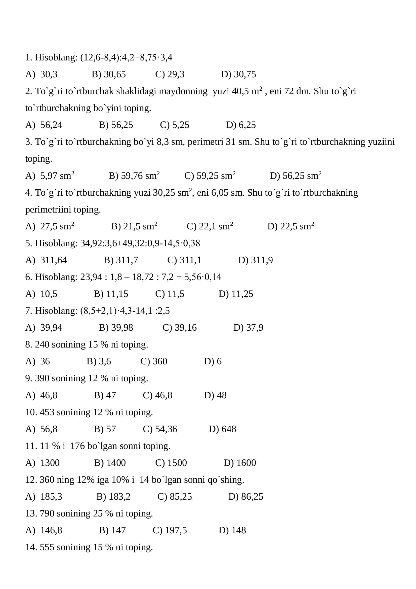 6-sinf Matematika Testlar – Barcha Choraklar PDF 3
