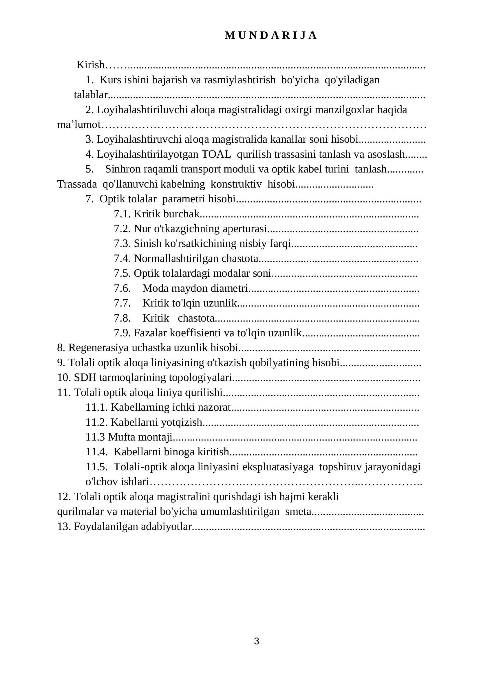 QARSHI-NAVOIY SHAHARLARI ORASIDAGI TOLALI OPTIK ALOQA LINIYALARINI LOYIHALASHTIRISH MAVZUSIDAGI KURS ISHIGA TOPSHIRIQ 3