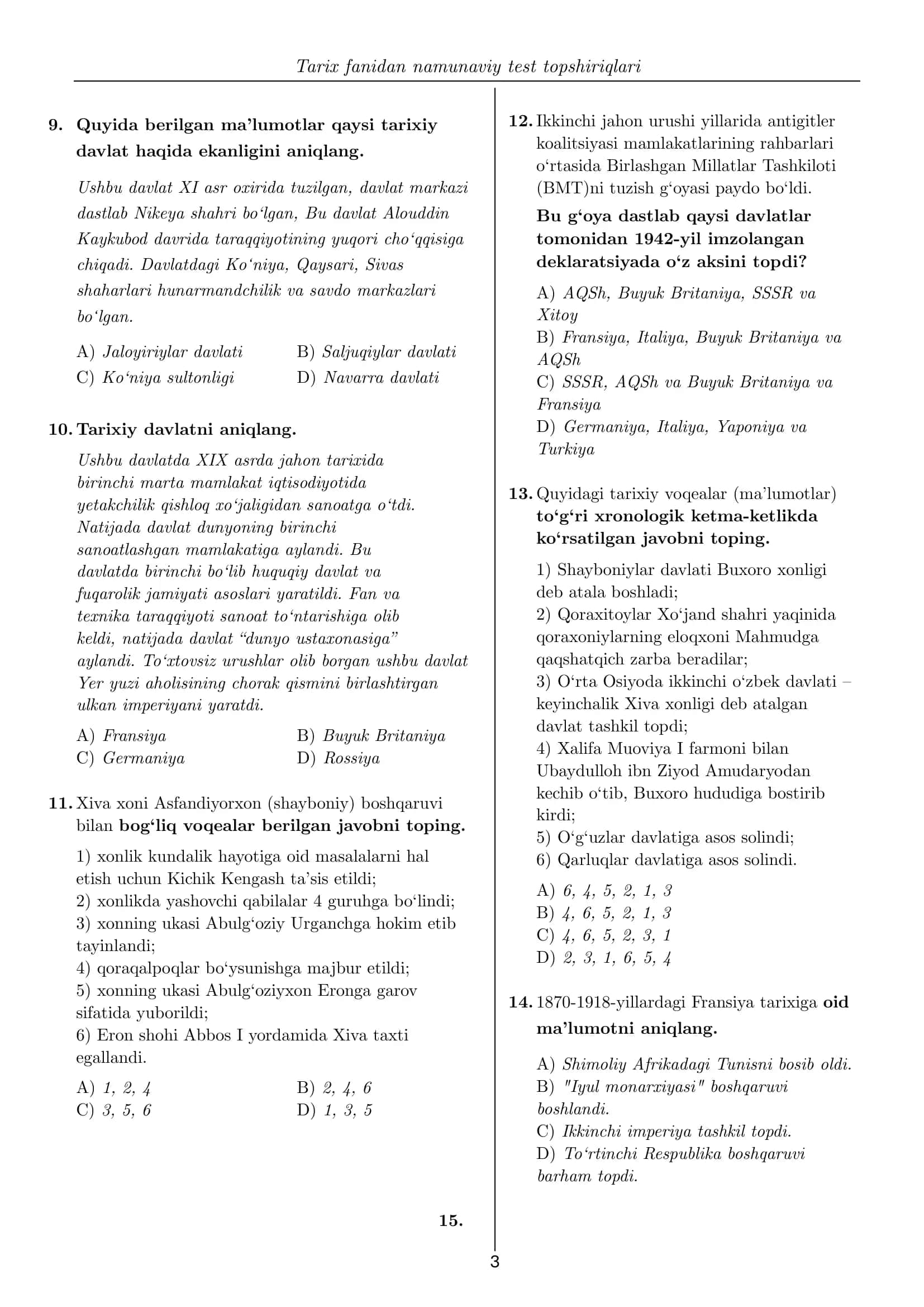 Tarix fanidan namunaviy test topshiriqlari 3