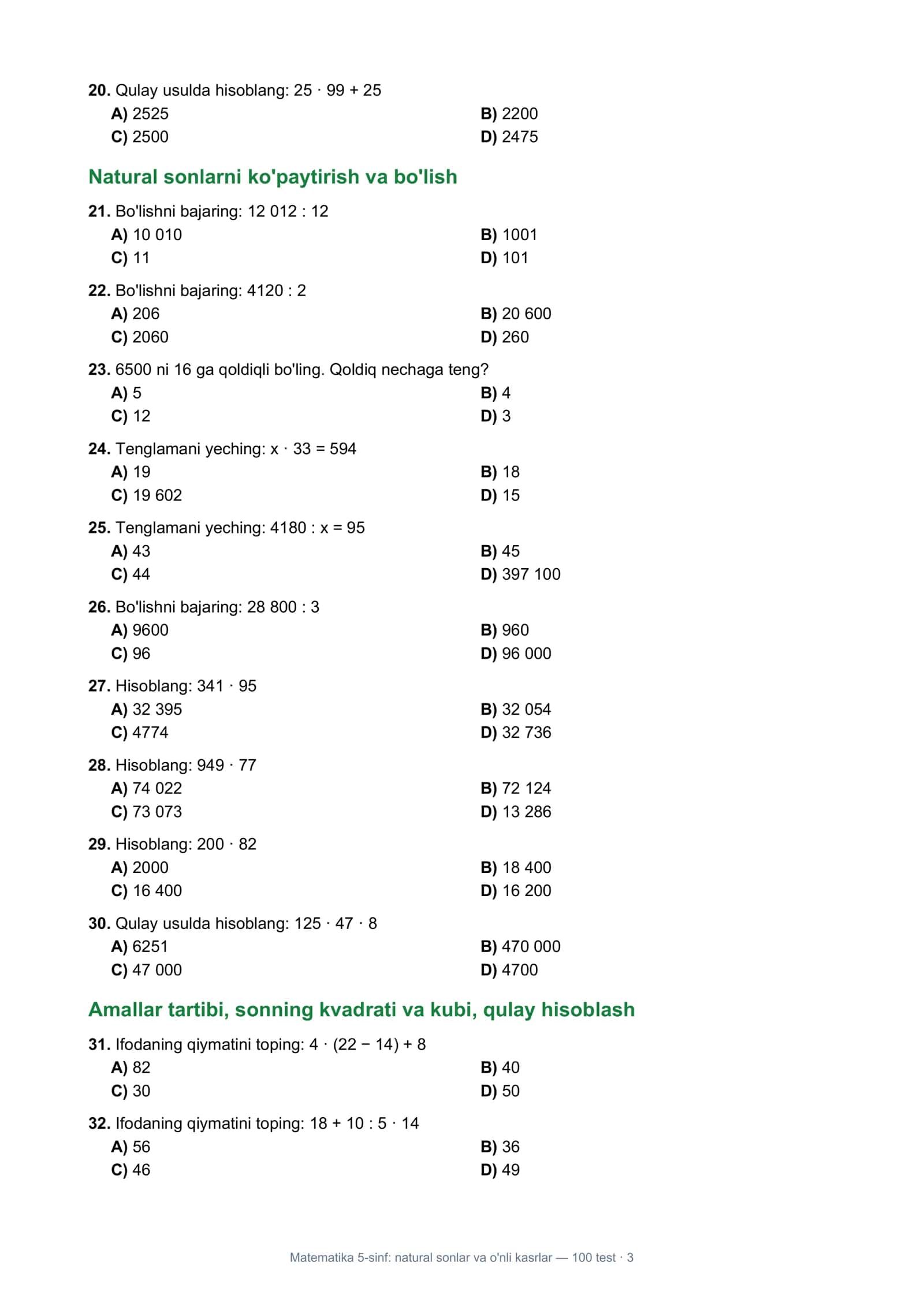 Matematika 5-sinf: natural sonlar va o'nli kasrlar — 100 test 3