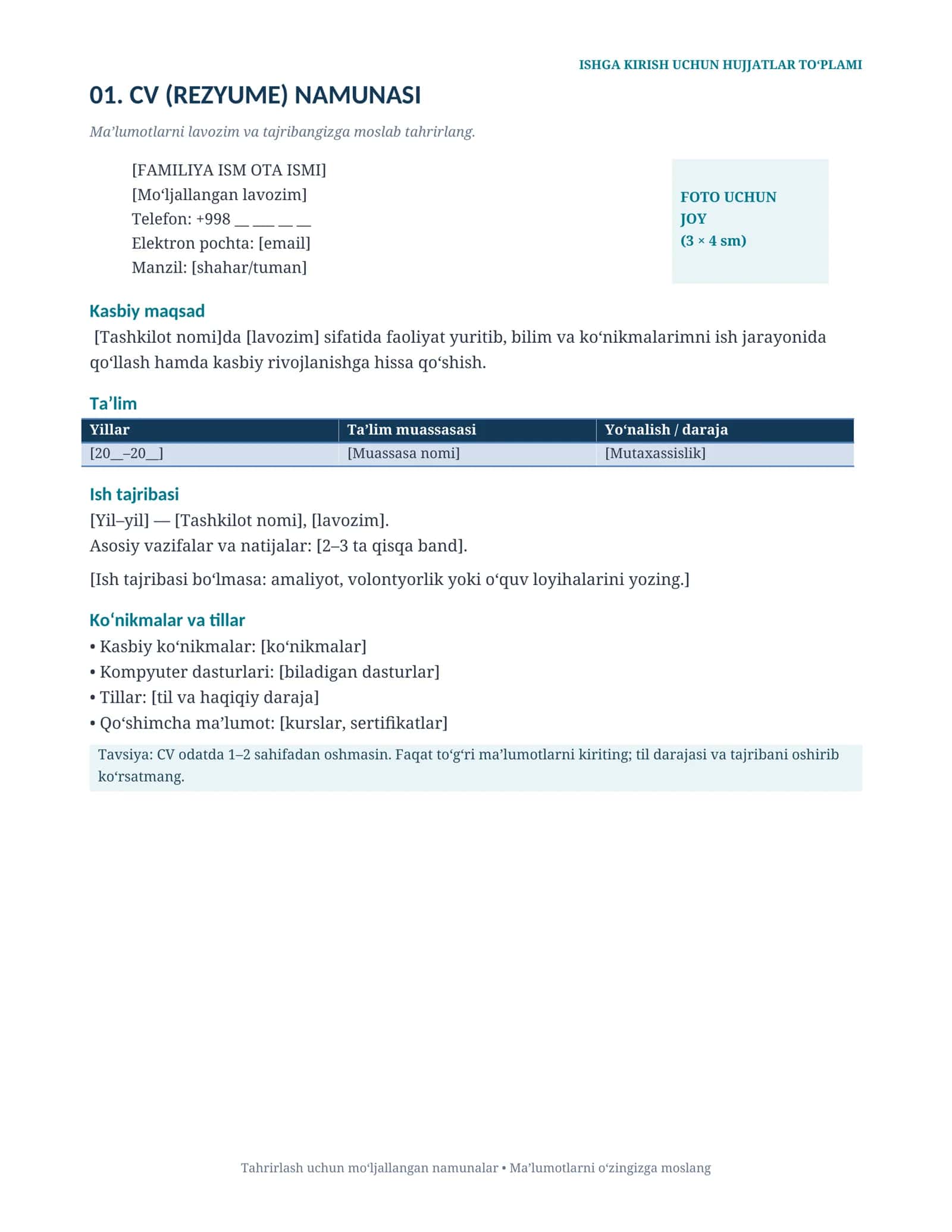 Ishga kirish uchun 9 ta tayyor hujjat | CV, Obyektivka, Arizalar — Word + PDF 3