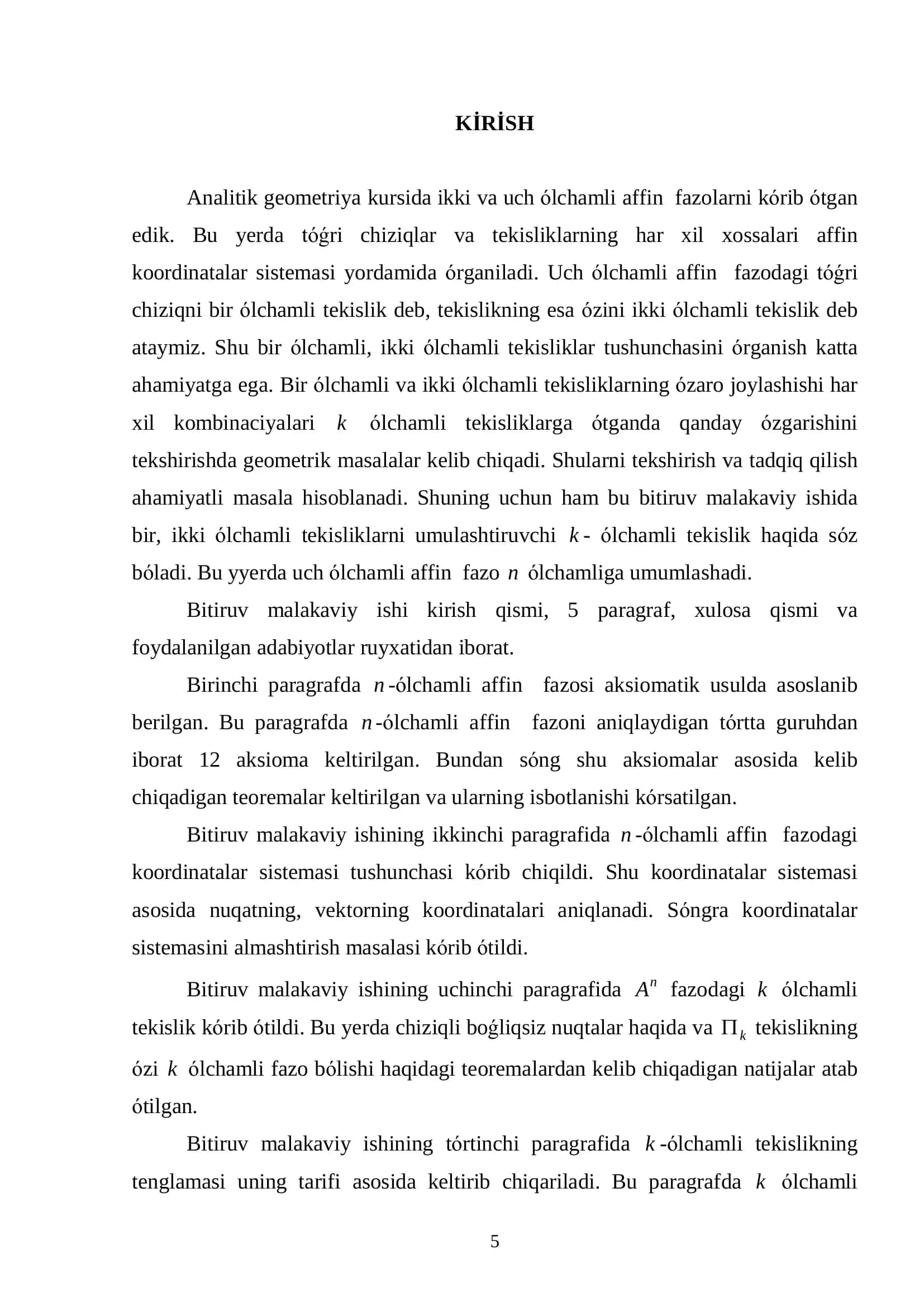 « n ólchamli affin fazosida k ólchamli tekisliklar» 3