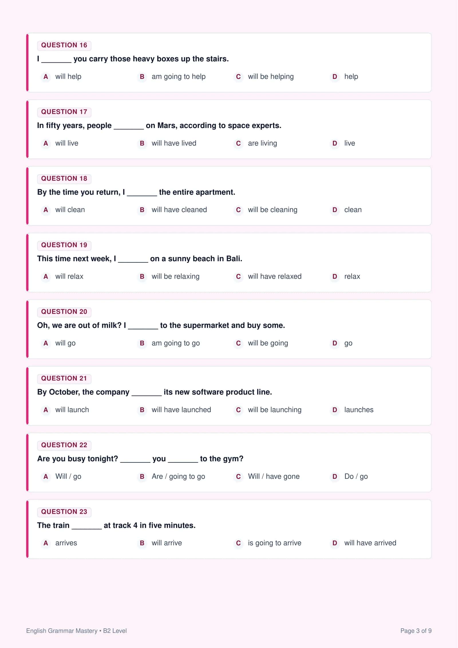 Future Forms (Will, Going to, Continuous & Perfect) (B2 Level) — 50 Ta Test 3