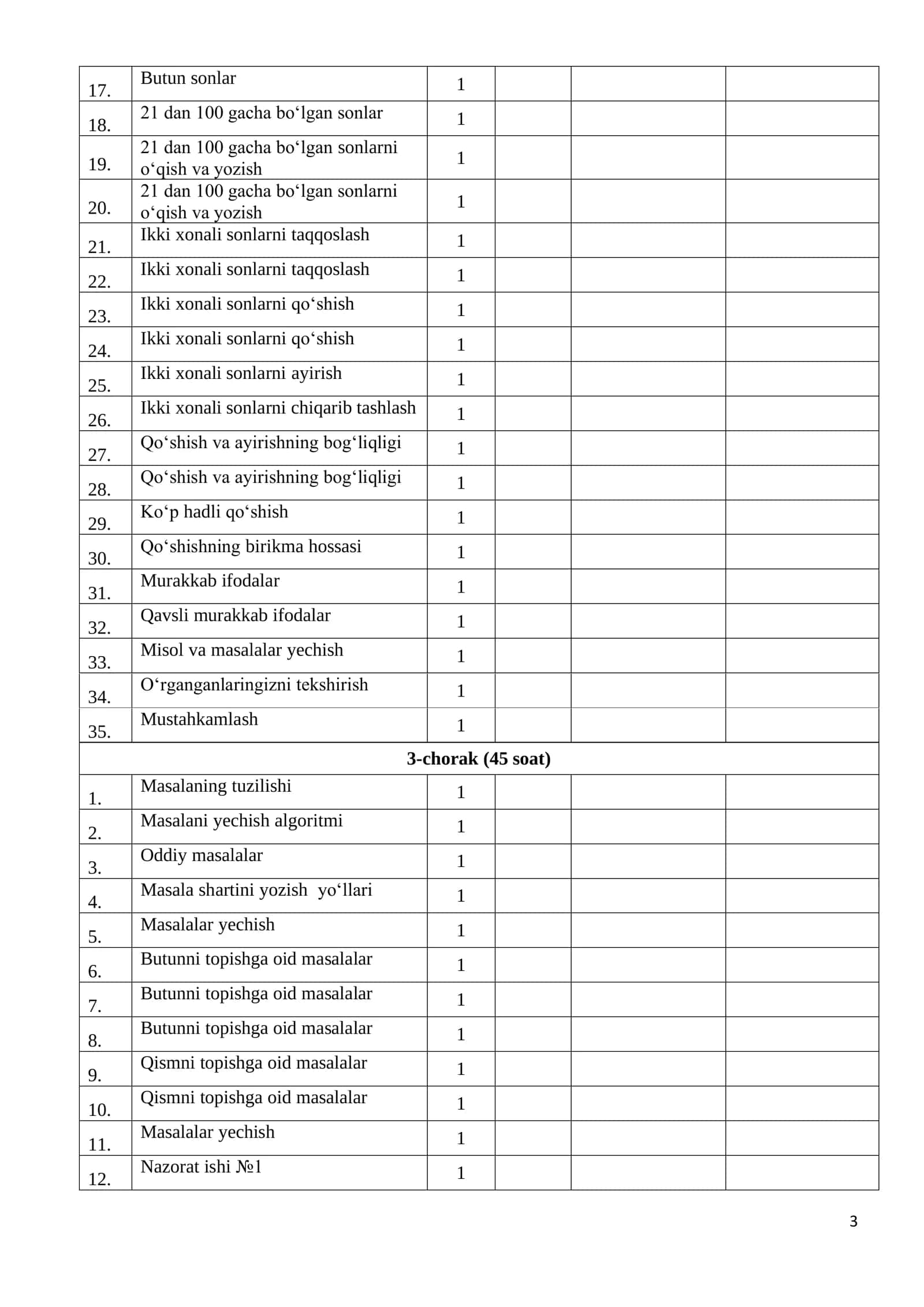 Umumiy oʻrta taʼlimning 1-sinf Matematika fanidan 3