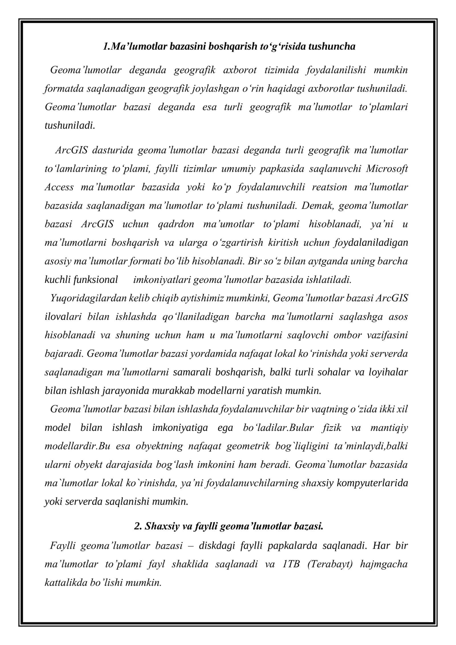 Arc GIS dasturida ma’lumotlar bazasini boshqarish 3