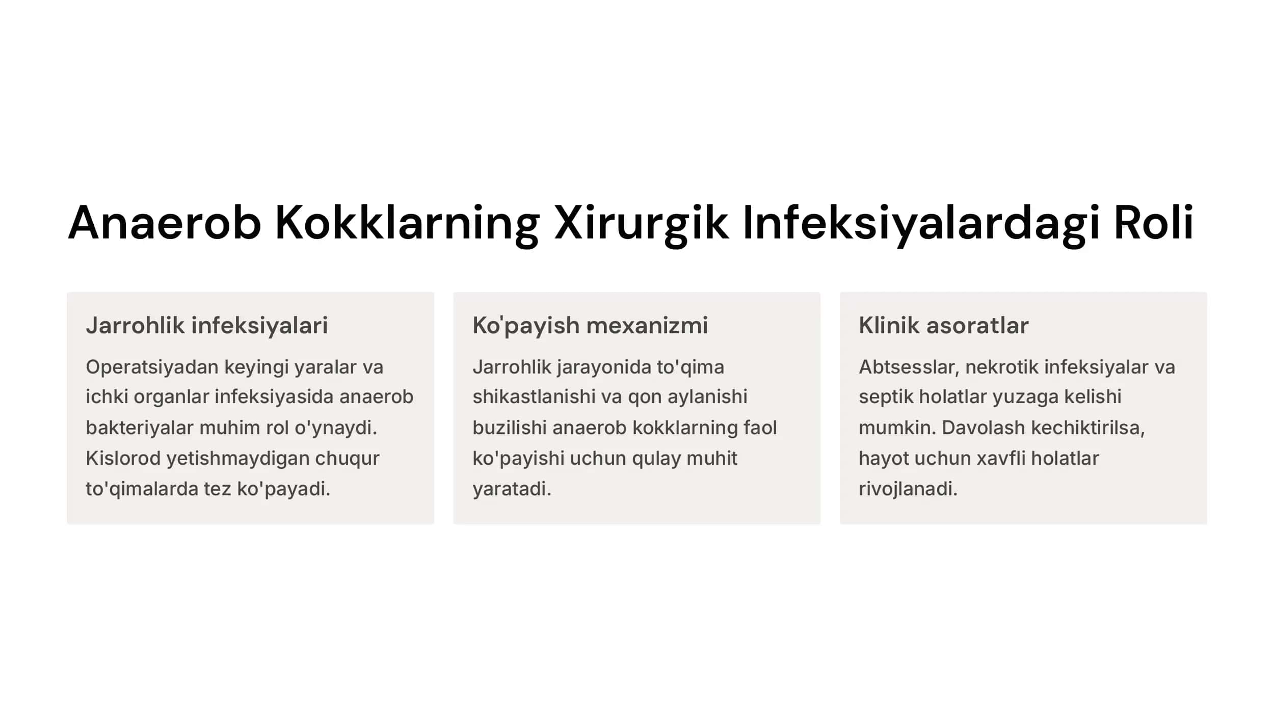 Shartli patogen anaerob kokklarni (peptokokklar,  peptostreptokokklar, veylonellalar) xirurgik va  ginekologik kasalliklardagi ahamiyati. Qandli diabetda uchraydigan infektsiyalar, patogenez,  laboratoriya tashxisi. 3
