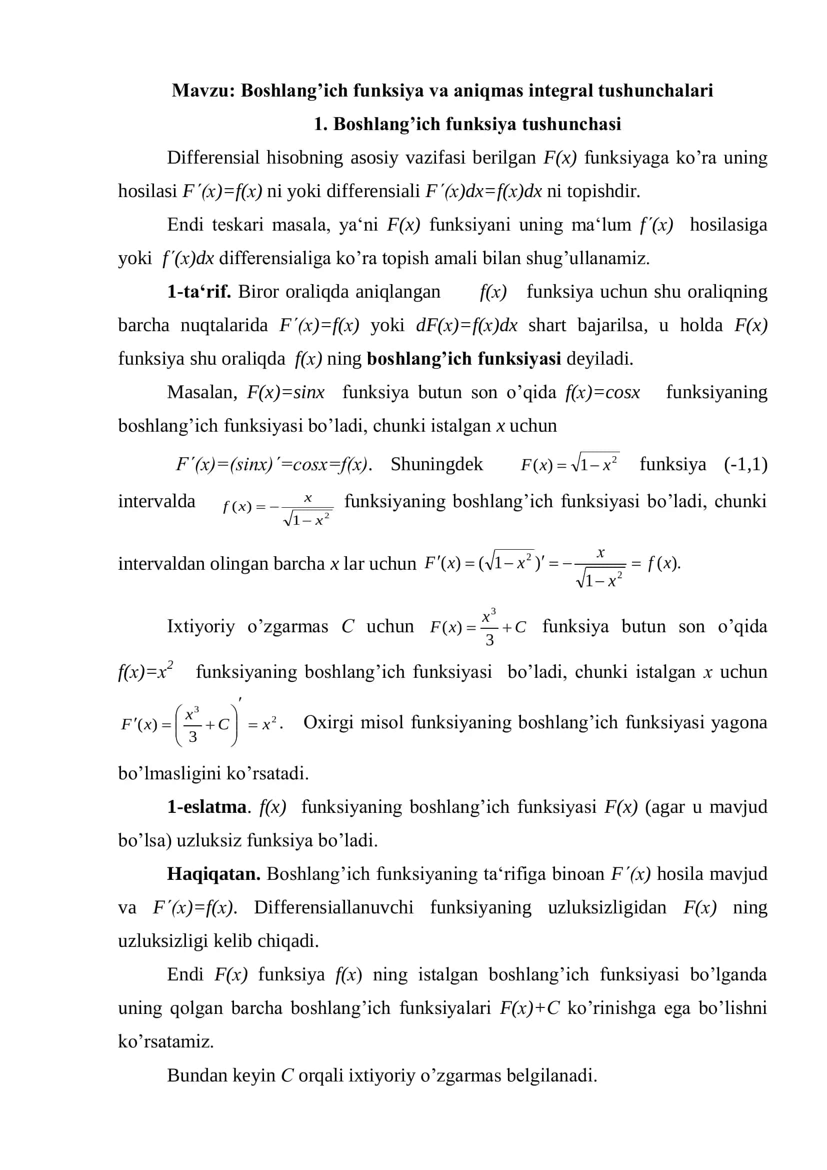 Boshlang’ich funksiya va aniqmas integral tushunchalari 3