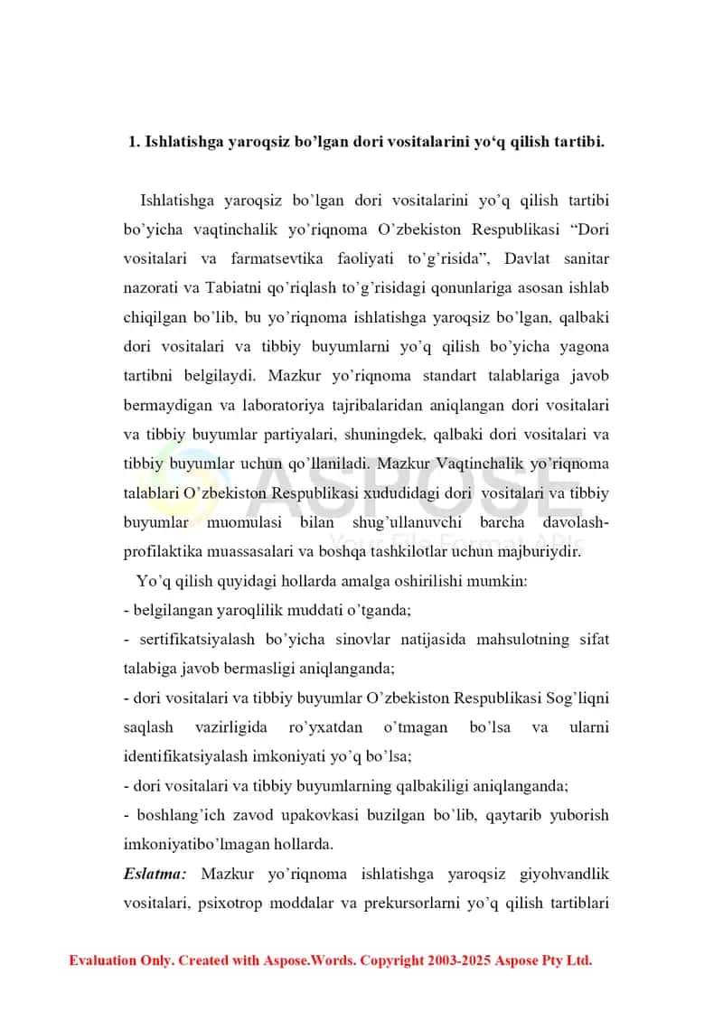 6. Nostandart dori vositalari va tibbiy buyumlarni yo’q qilish tartibi. Referat 7 bet. 3
