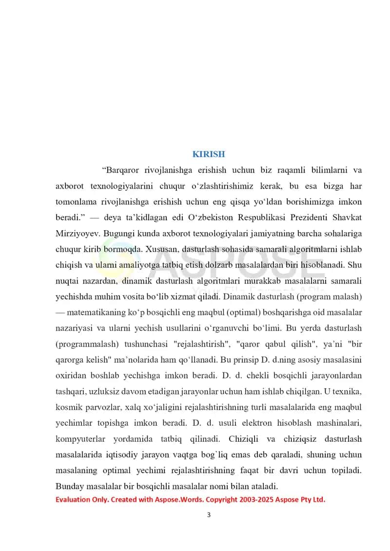 Dinamik dasturlash haqida umumiy tushunchalar kurs ishi 3