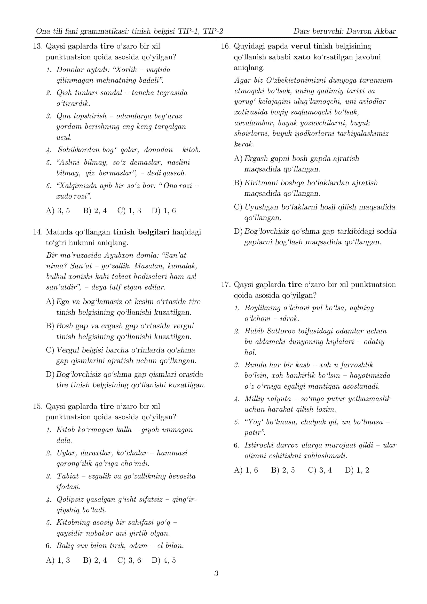 Ona Tili Grammatikasi Avgust imtihoni (tinish belgilari) 3