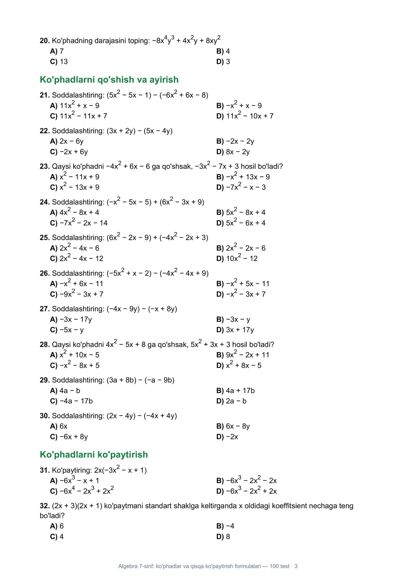Algebra 7-sinf: ko'phadlar va qisqa ko'paytirish formulalari 3